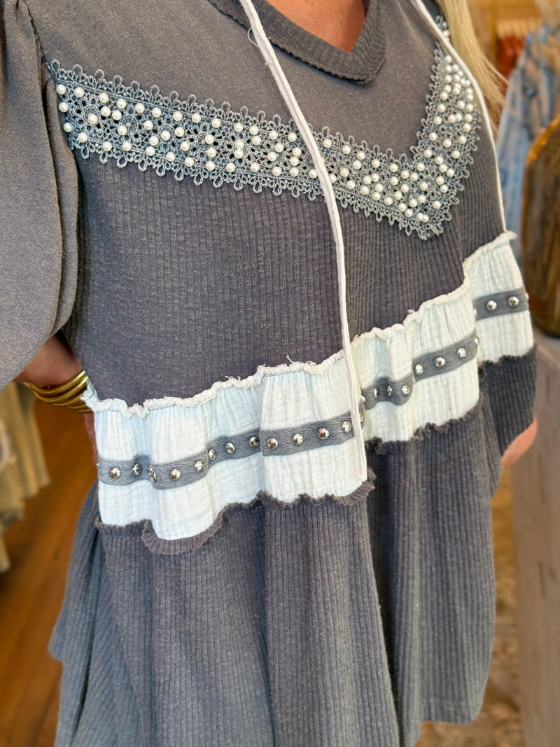 Ribbed Mixed Fabric Hoodie Top