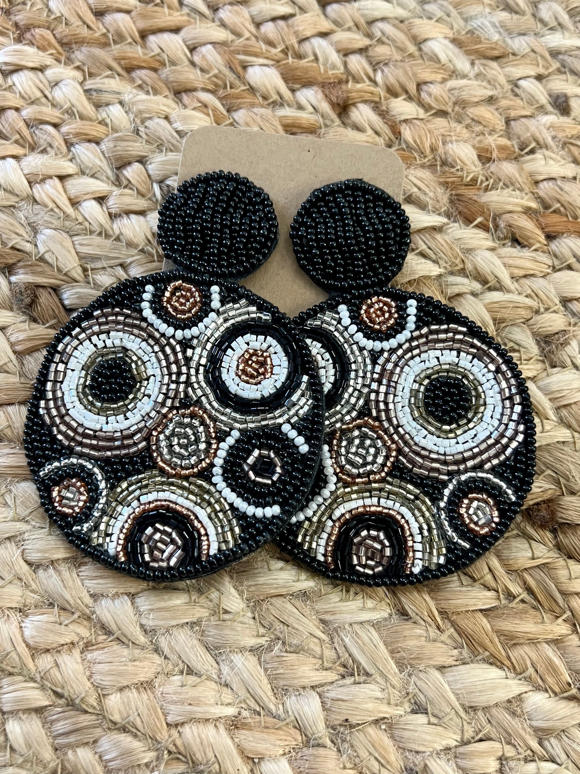 Floral Beaded Circle Earrings in Black