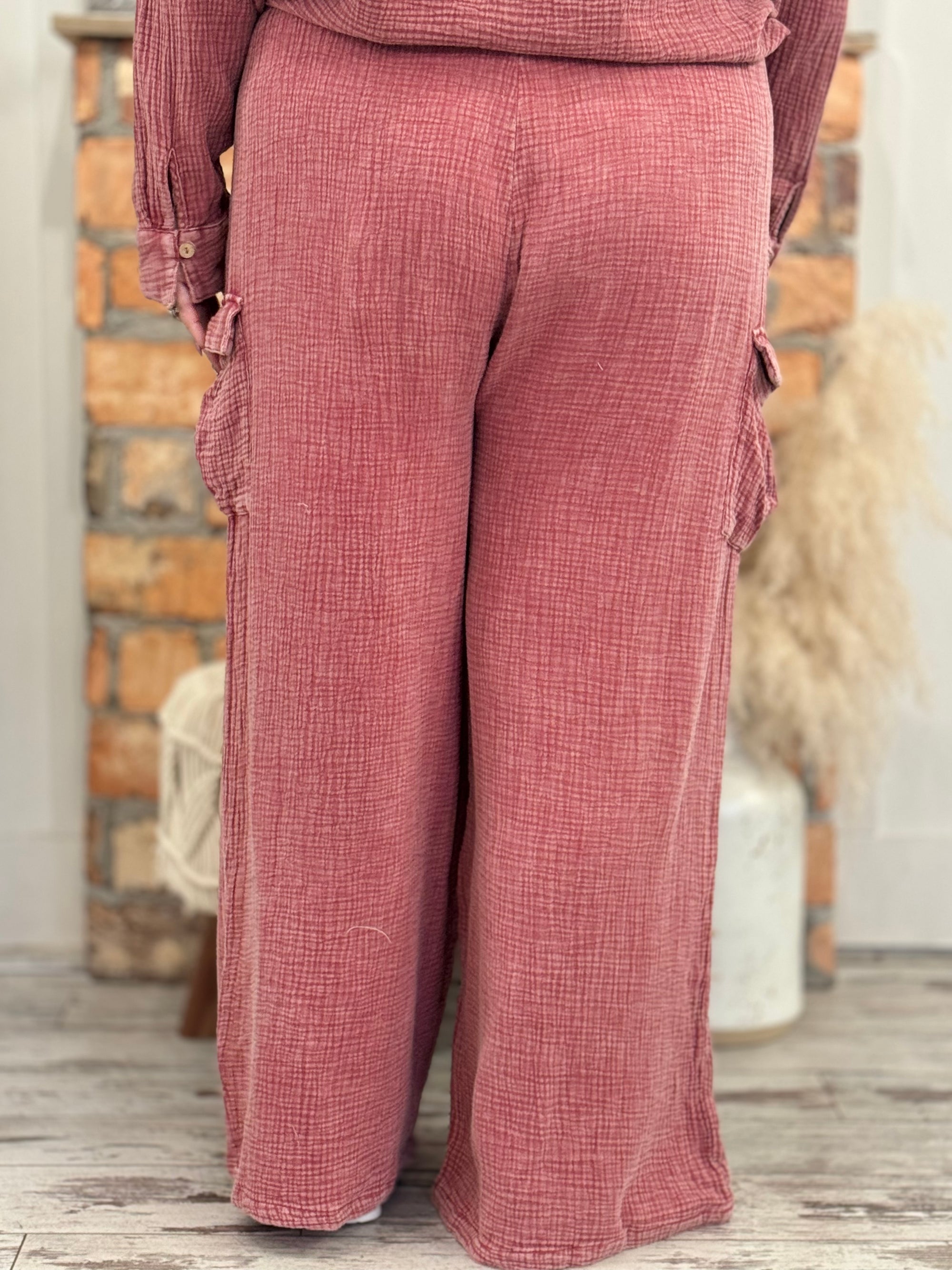 Gauze Wide Leg Cargo Pants | Washed Red