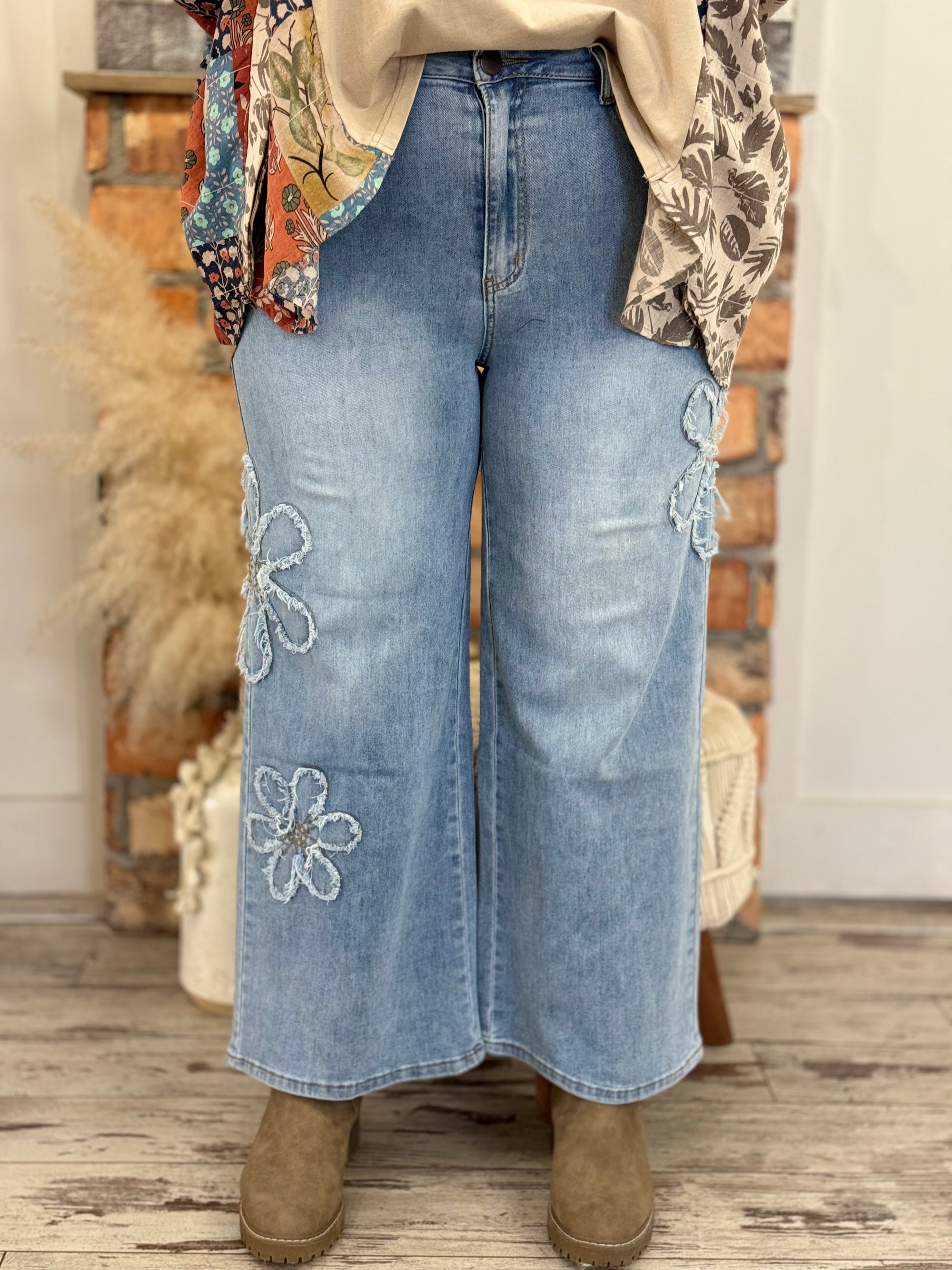 Flower Patch Wide Leg Cropped Jeans