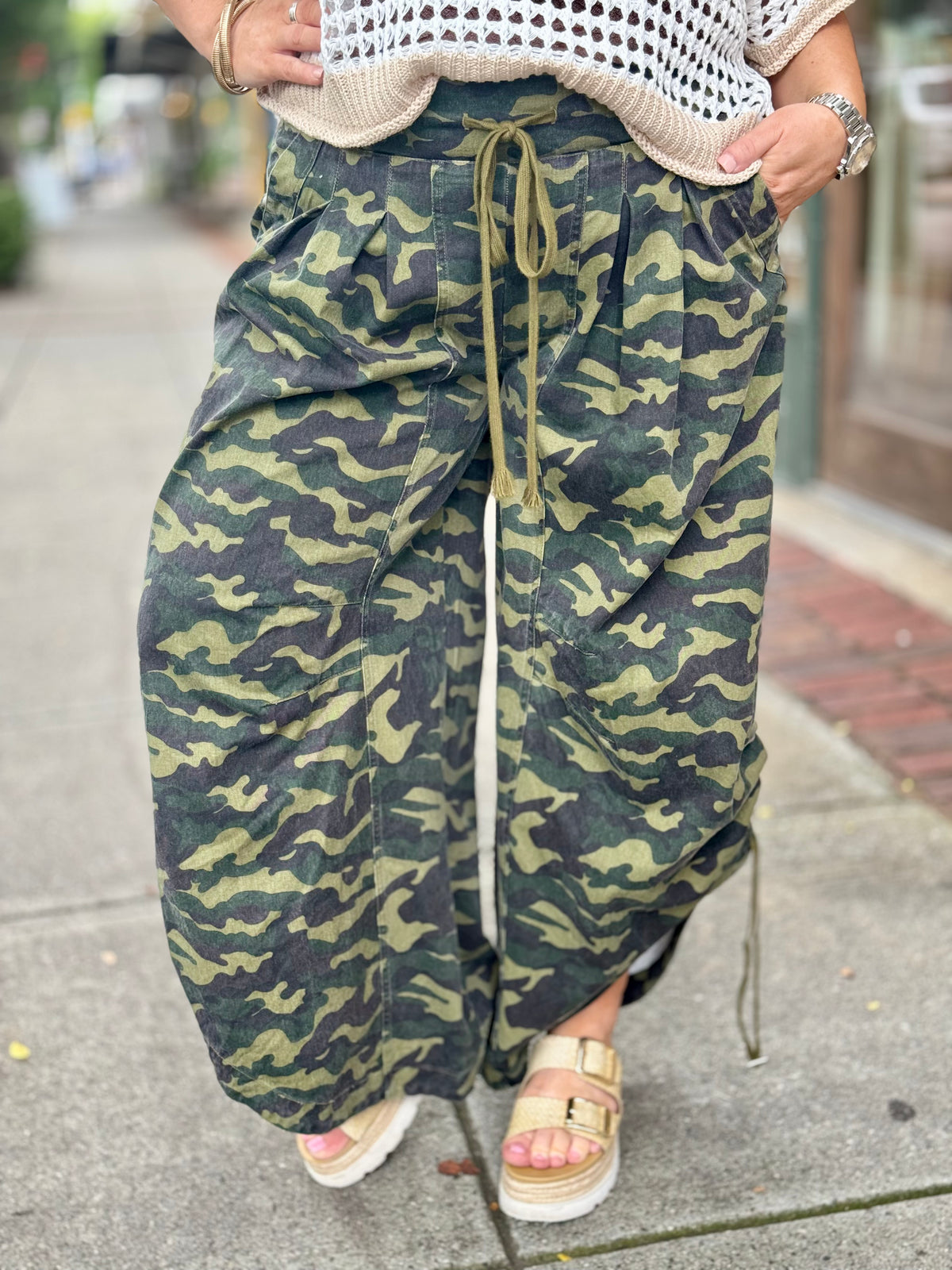 Ruched Wide Leg Camo Pants