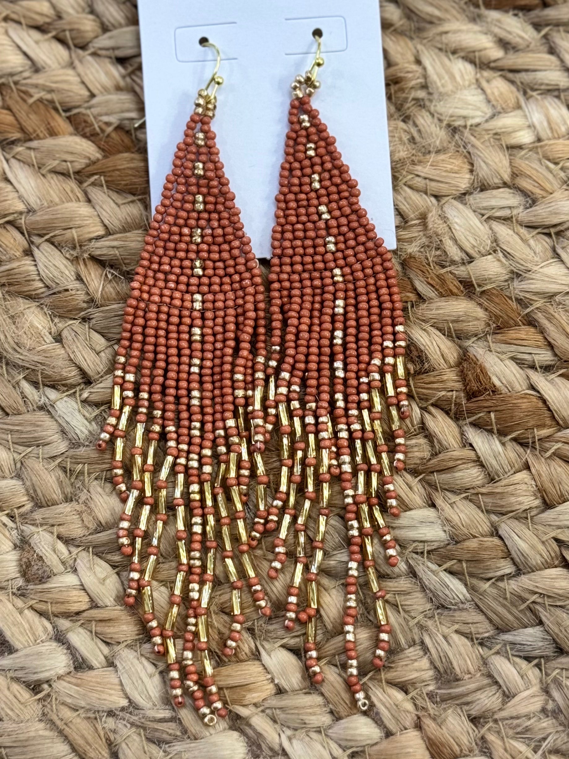 Seed Bead Tassel Earrings in Brown