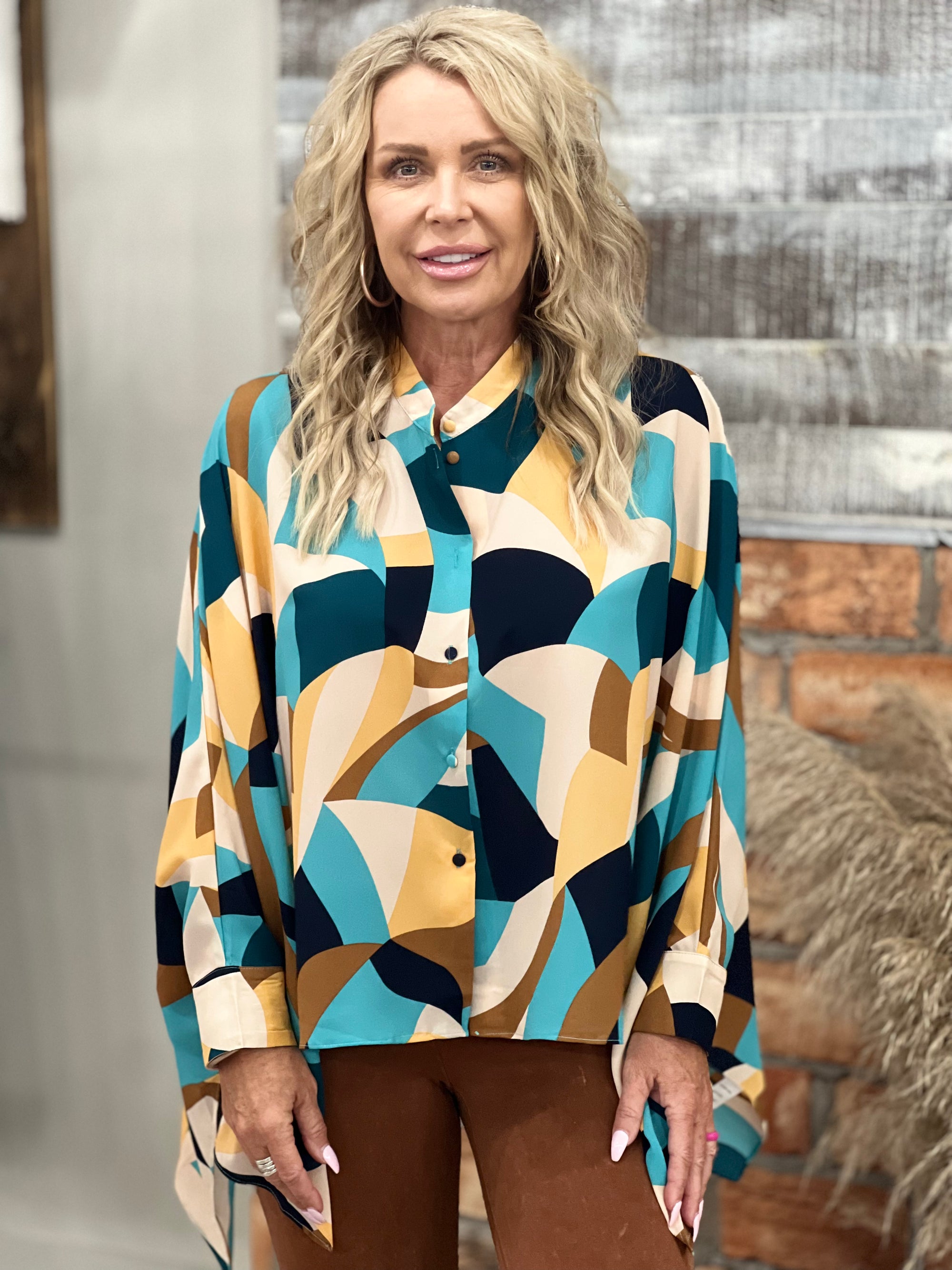 Abstract Print Button Up Dolman Sleeve Top