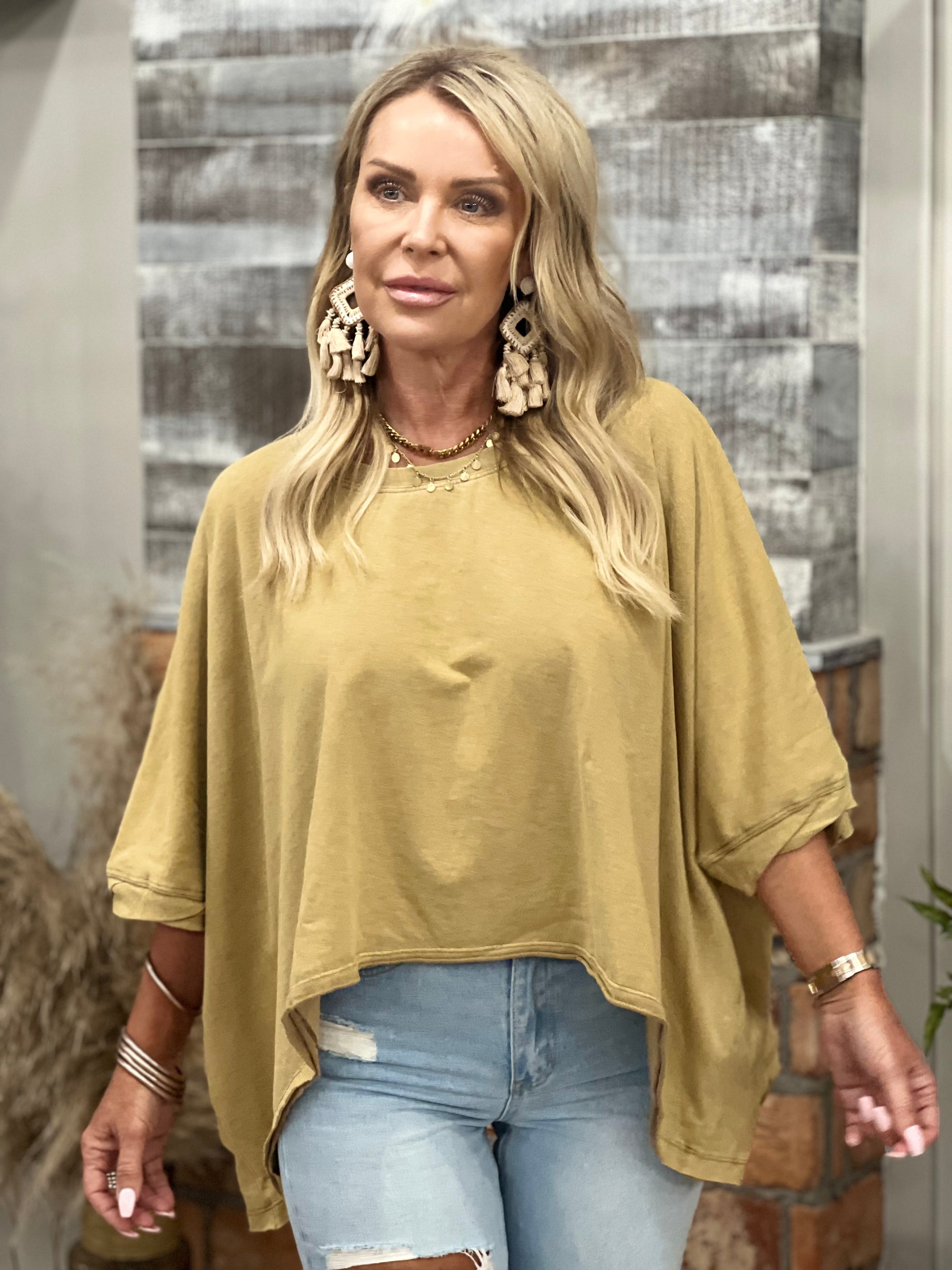 Boxy Raw Hem High Low Top in Mustard