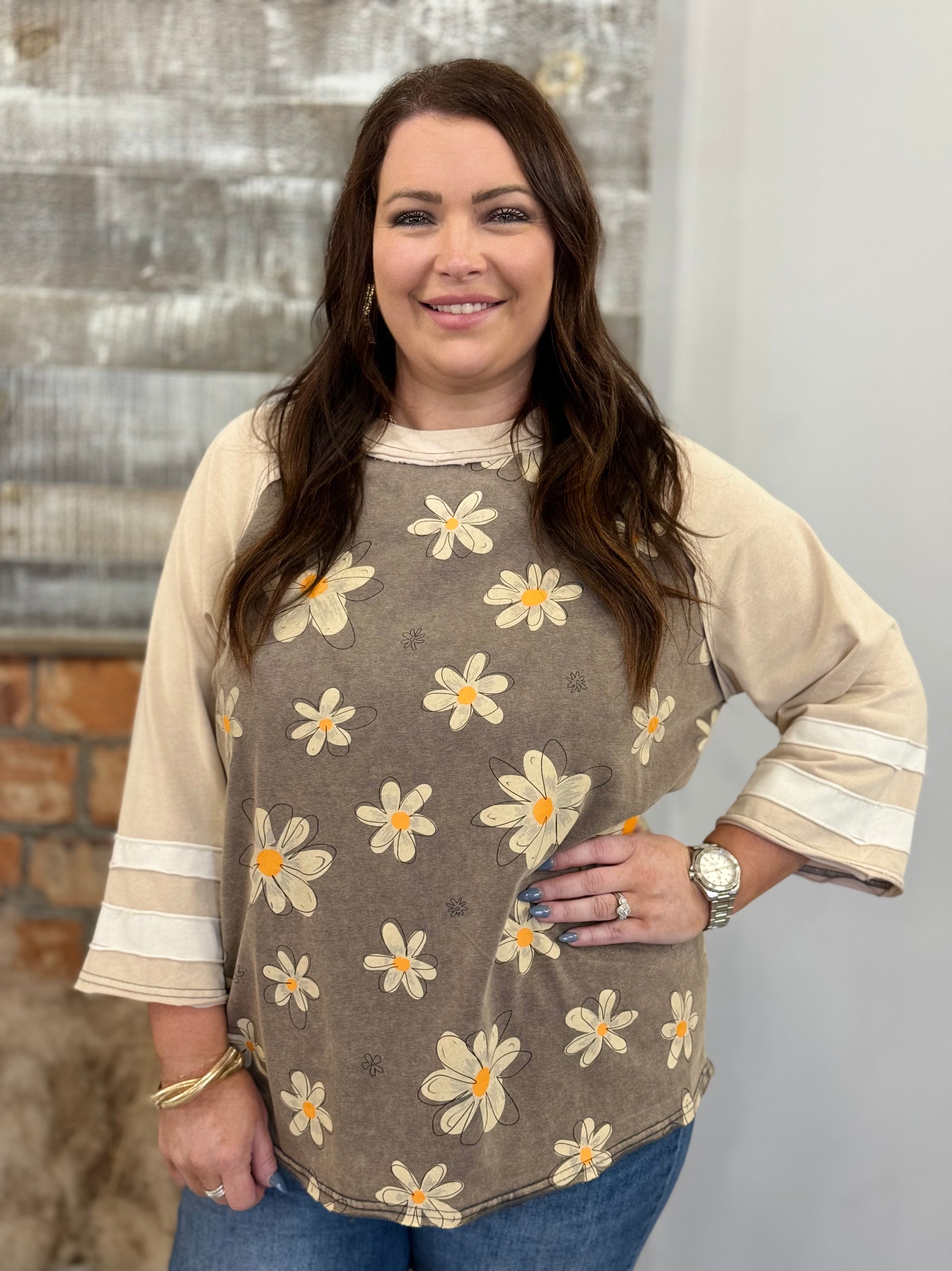 Floral Print Striped Sleeve Top