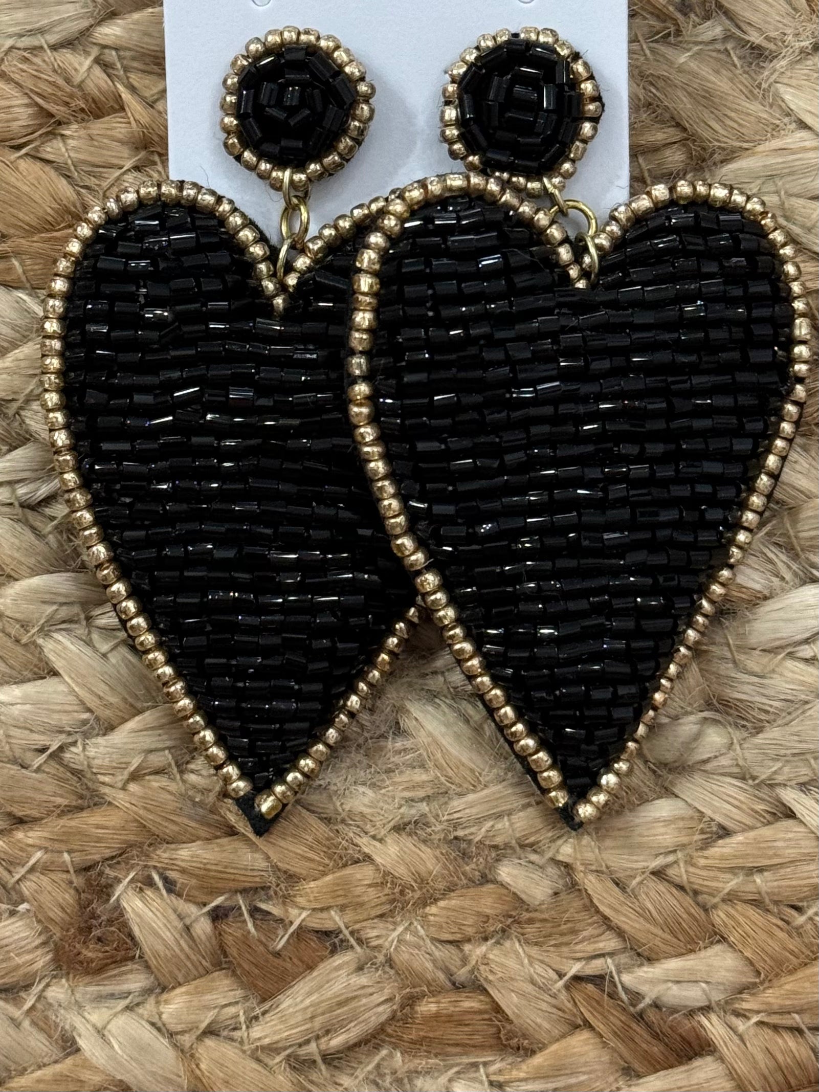 Beaded Heart Earrings in Black