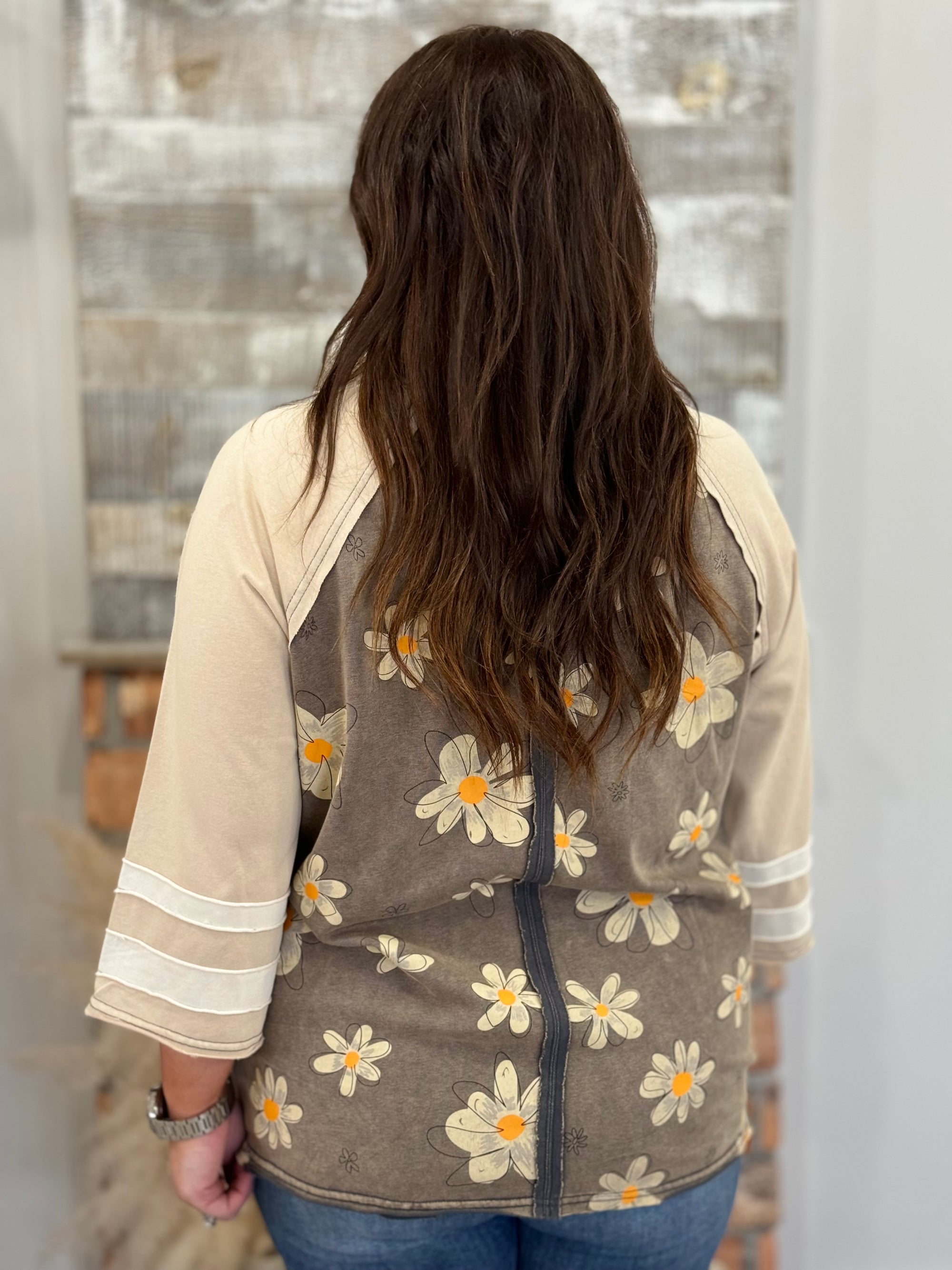 Floral Print Striped Sleeve Top