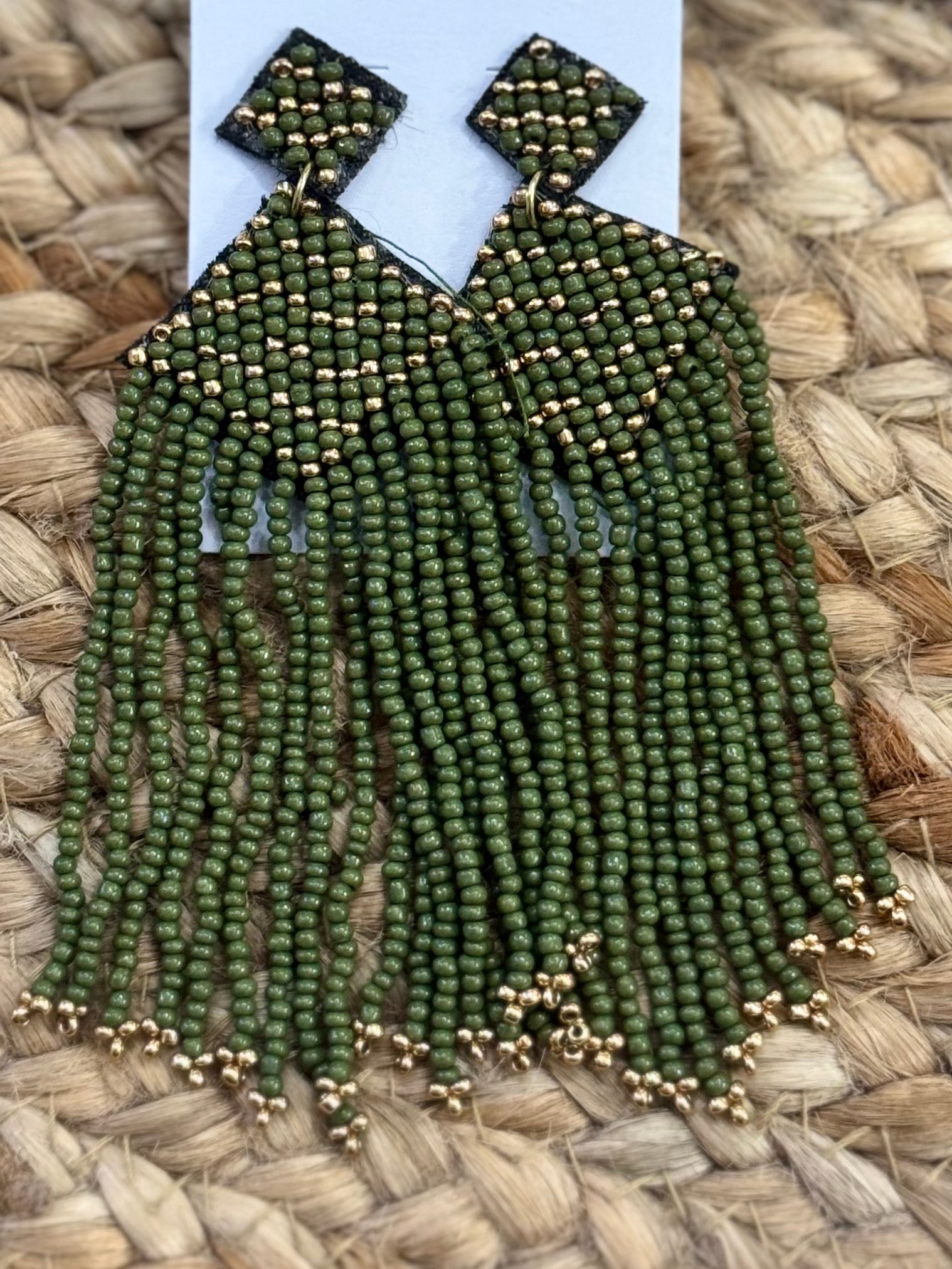 Beaded Diamond Tassel Earrings in Olive