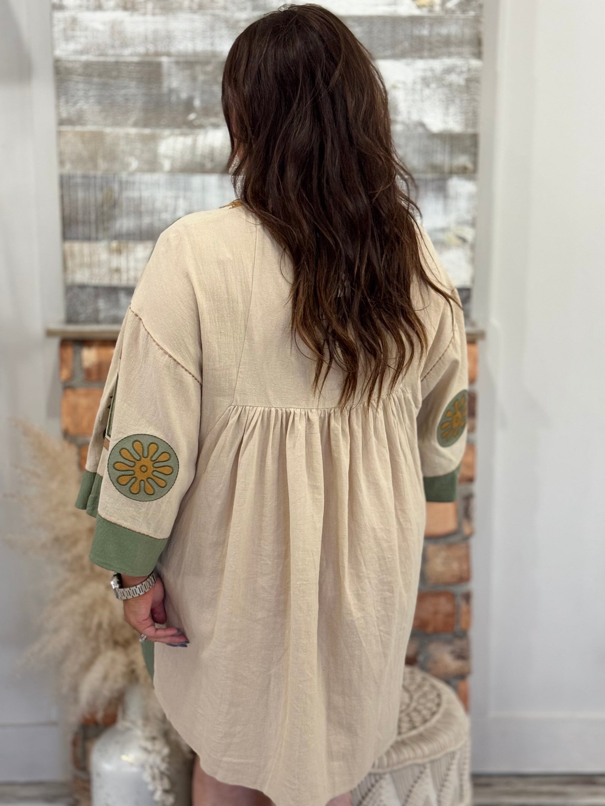 Boho Embroidered Wide Sleeve Dress in Sage