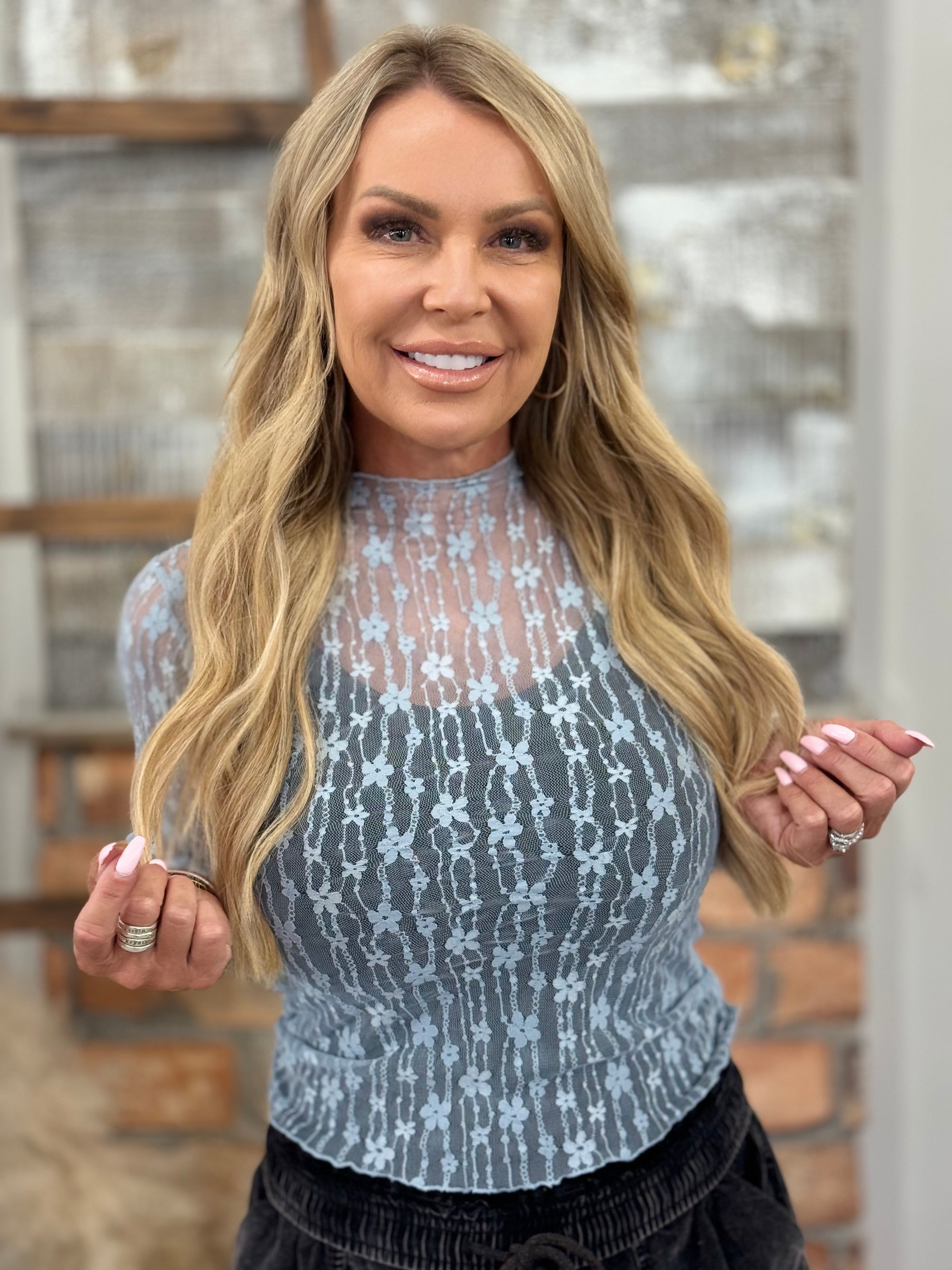 Sheer Floral Lace Layering Top in Dusty Blue