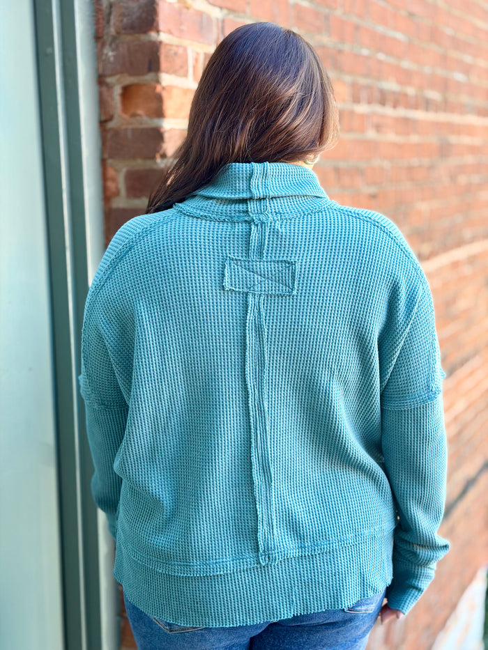 Waffle Knit Cowl Neck Top | Teal