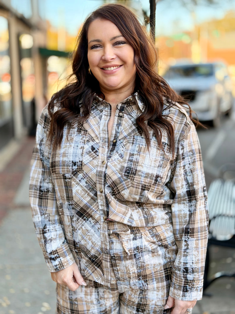 Plaid Bleach Splattered Button Up Top