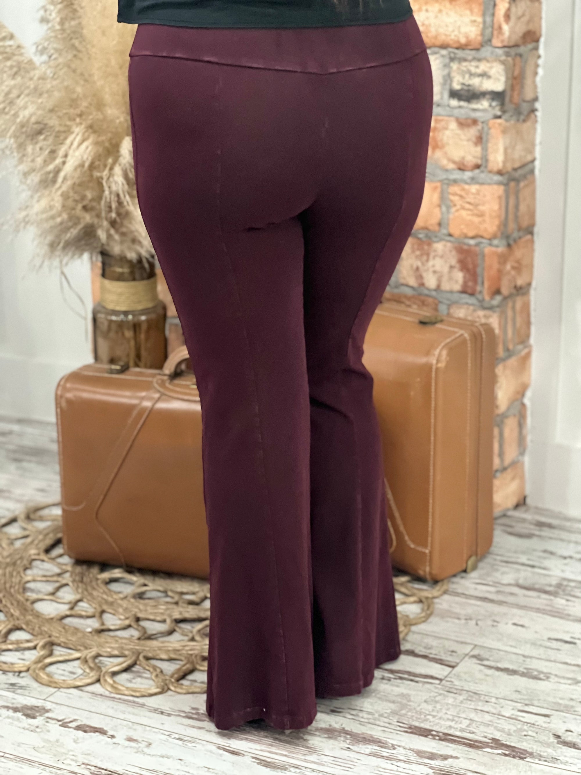 Washed Bell Bottom Front Seam Flare Pants in Burgundy