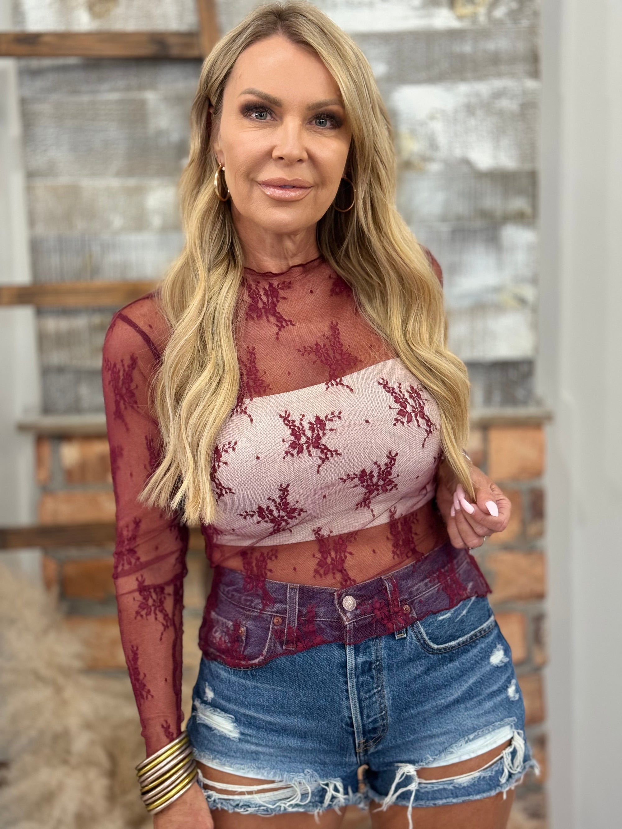 Long Sleeve Sheer Lace Layering Top in Burgundy