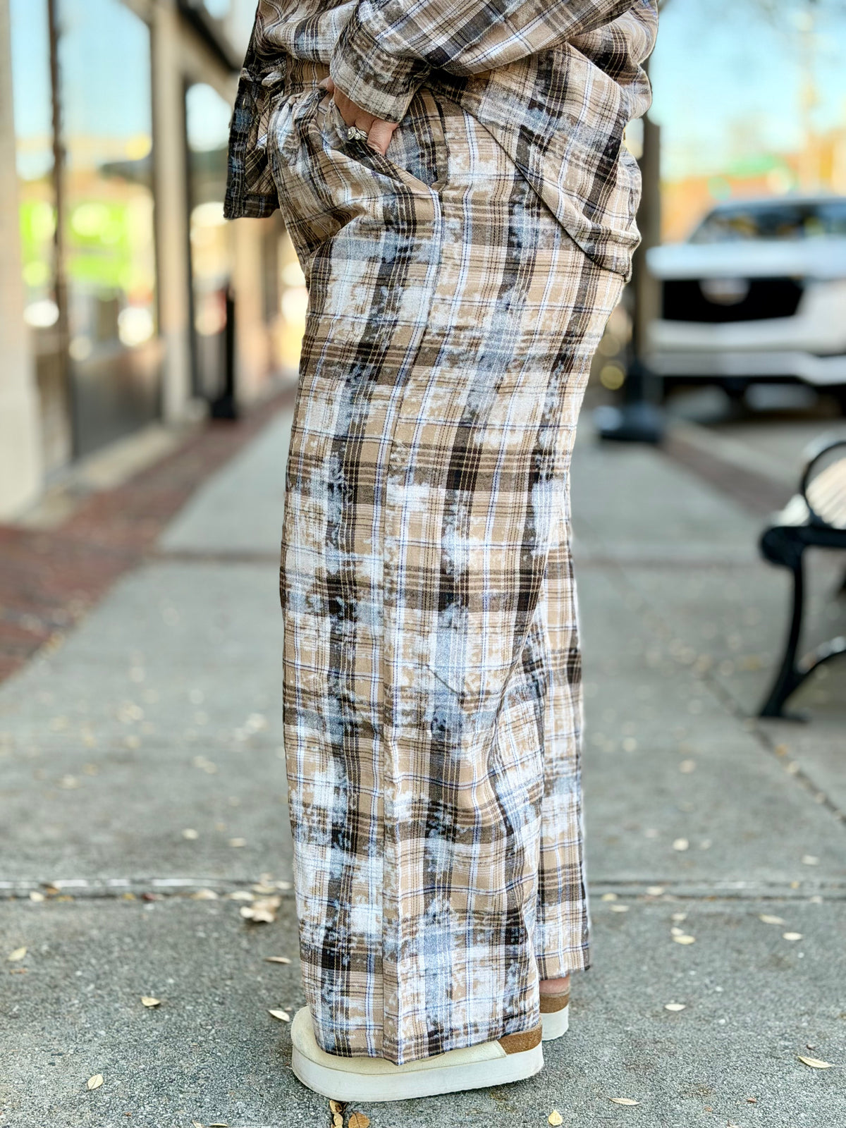 Plaid Bleach Splattered Wide Leg Pants