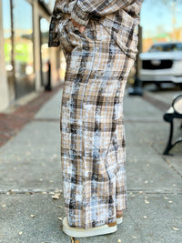 Plaid Bleach Splattered Wide Leg Pants