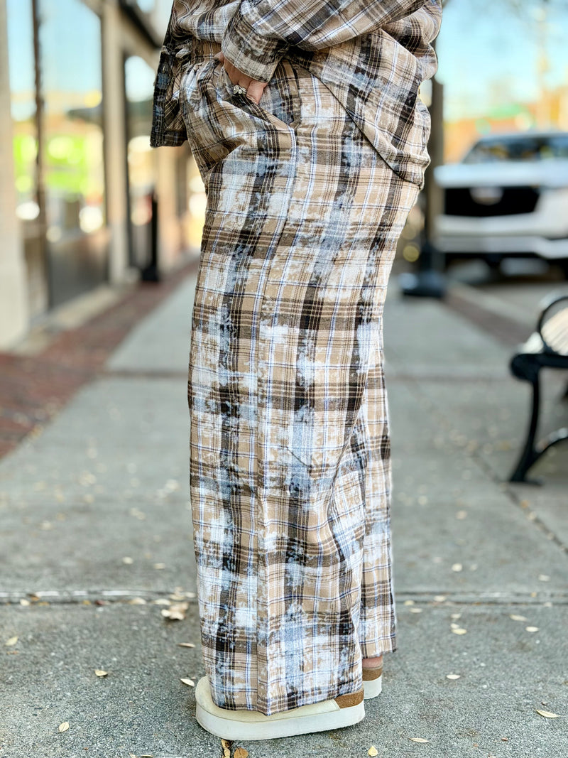 Plaid Bleach Splattered Wide Leg Pants