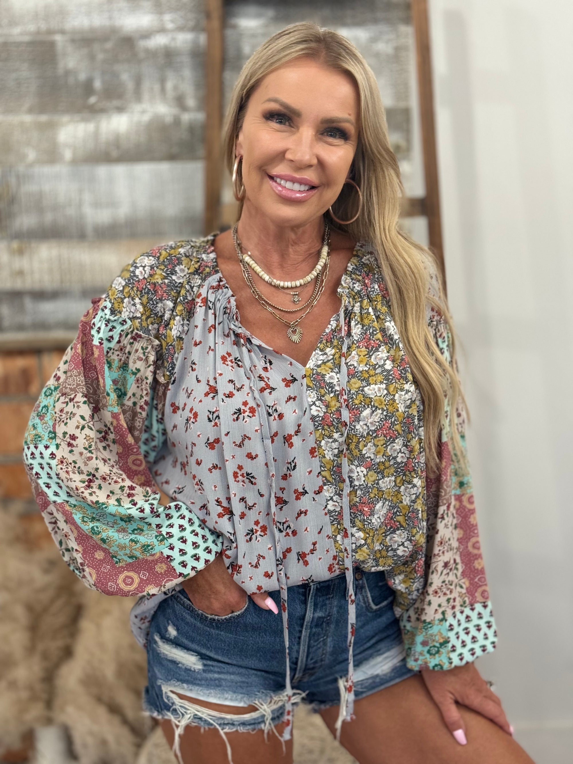 Boho Mixed Print Balloon Sleeve Top