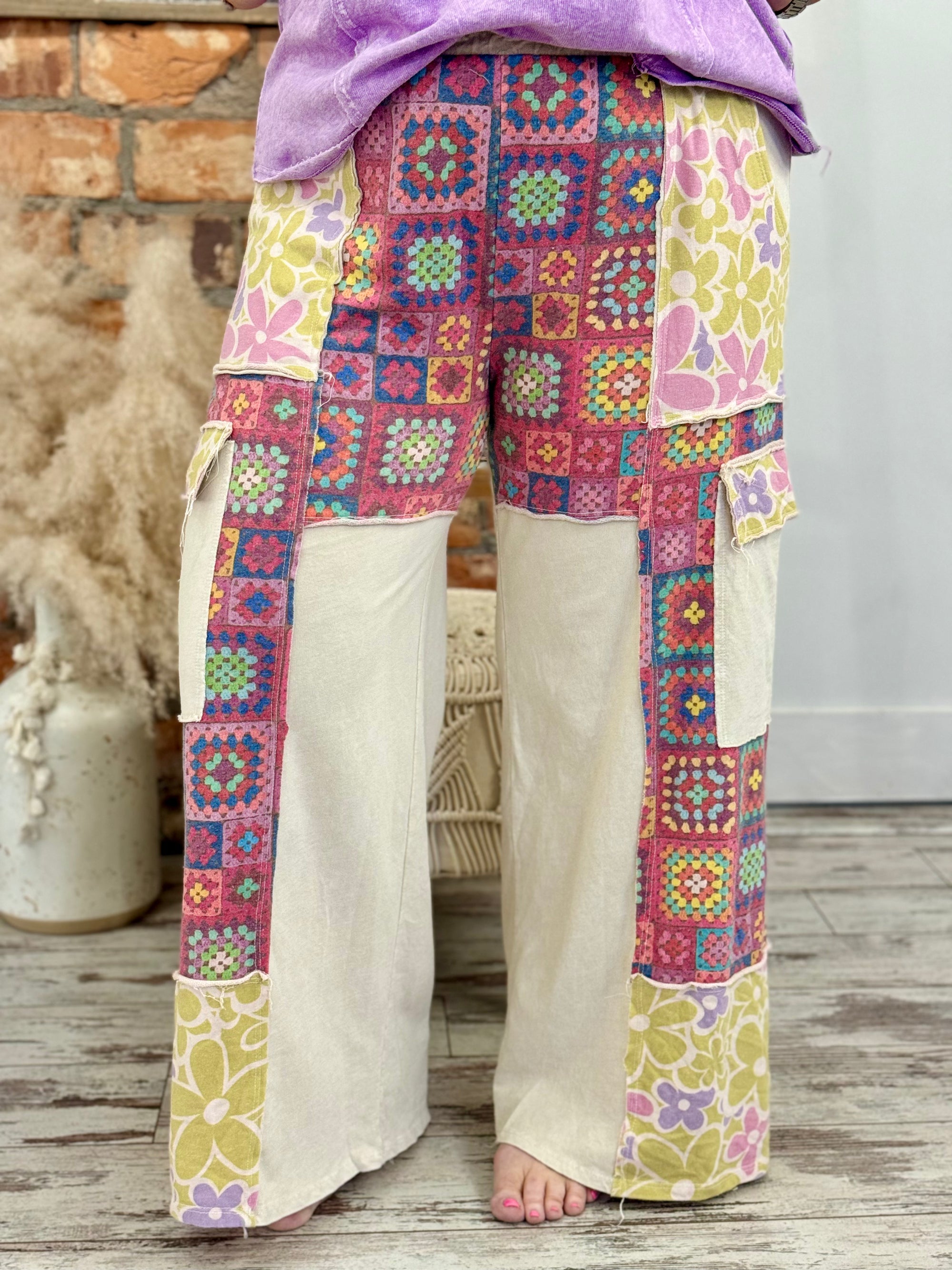 Crochet Floral Wide Leg Cargo Pants