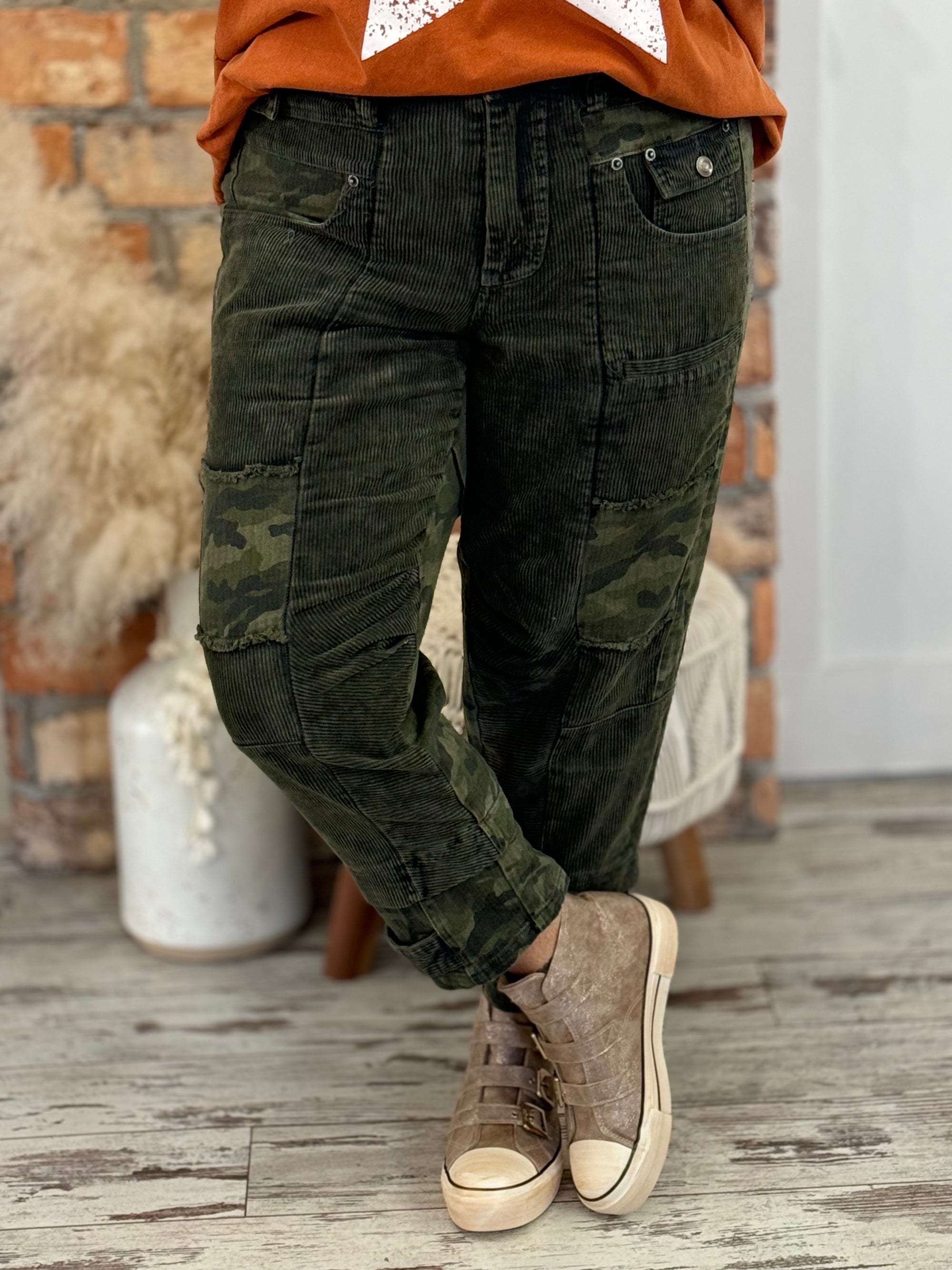 Slouchy Corduroy Camo Colorblock Pants