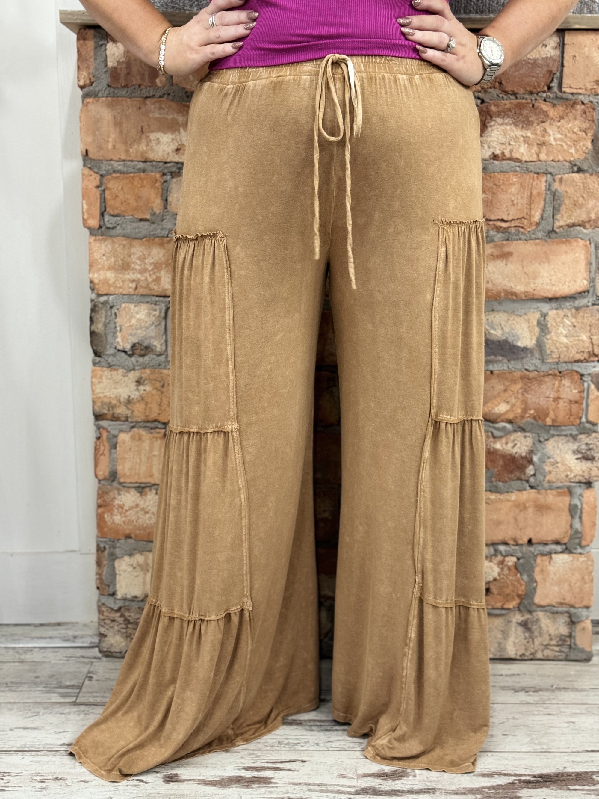 Tiered Washed Wide Leg Pants in Mocha