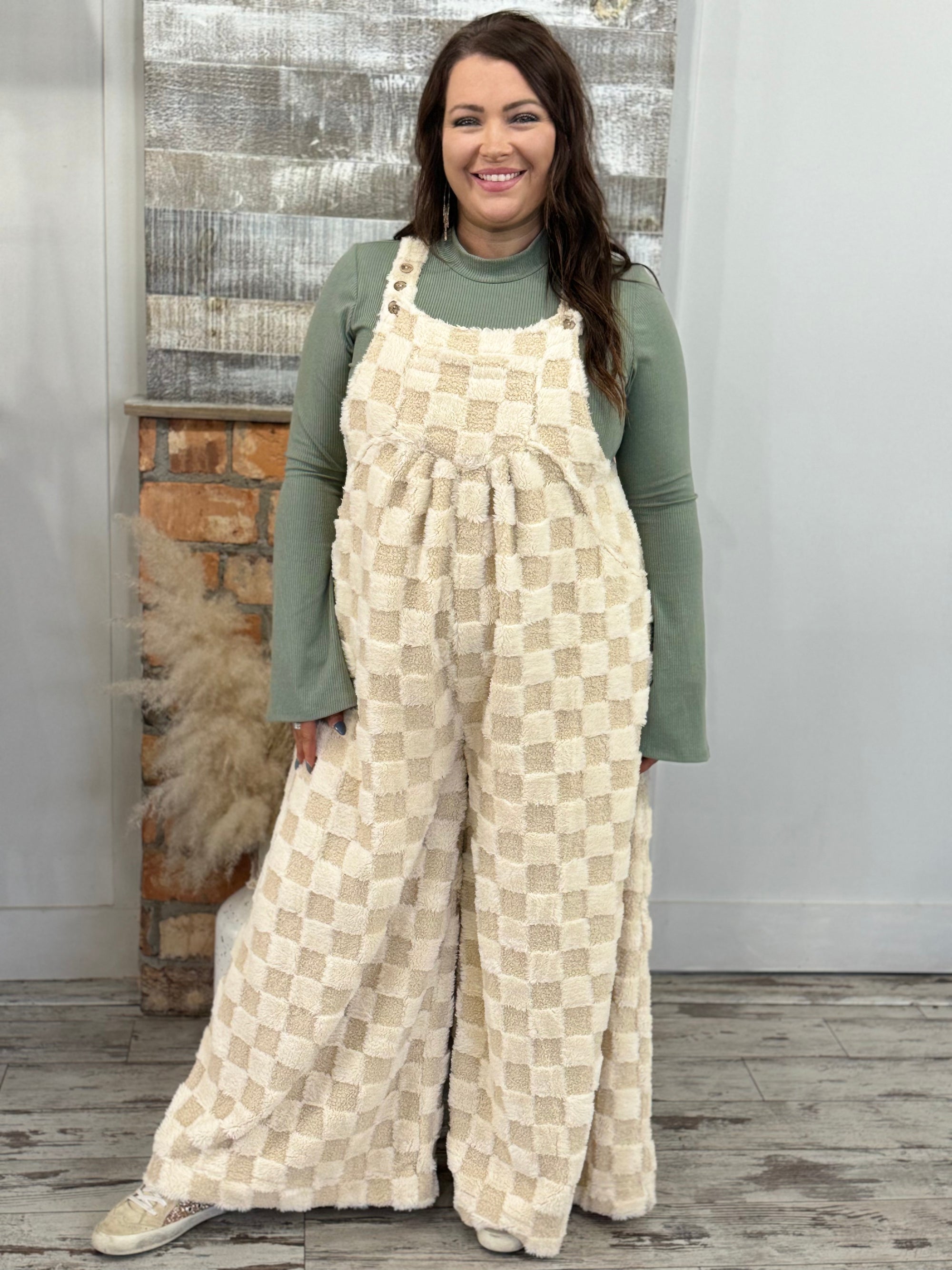 Fuzzy Checkered Wide Leg Overalls