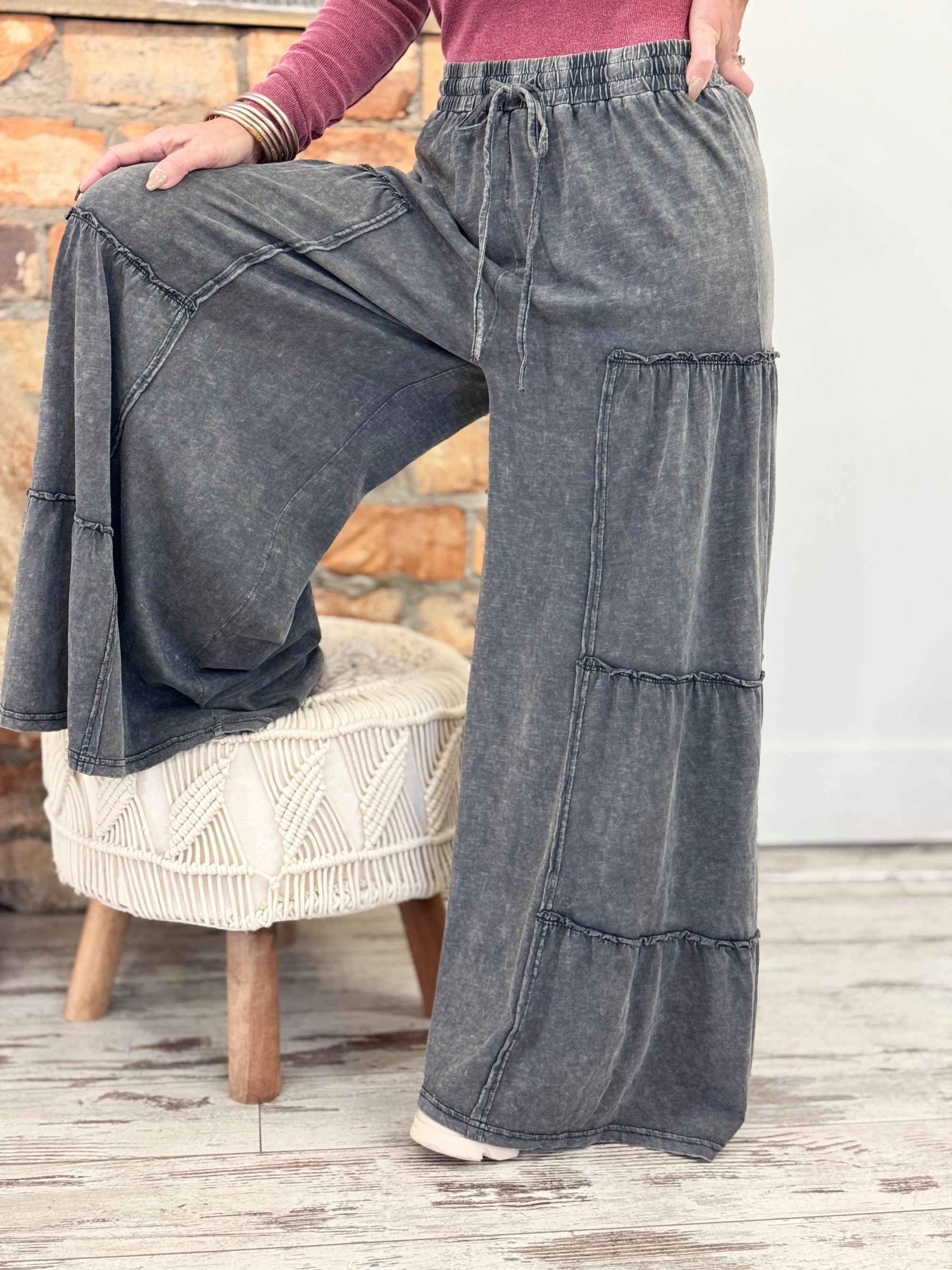 Washed Tiered Wide Leg Pants in Black