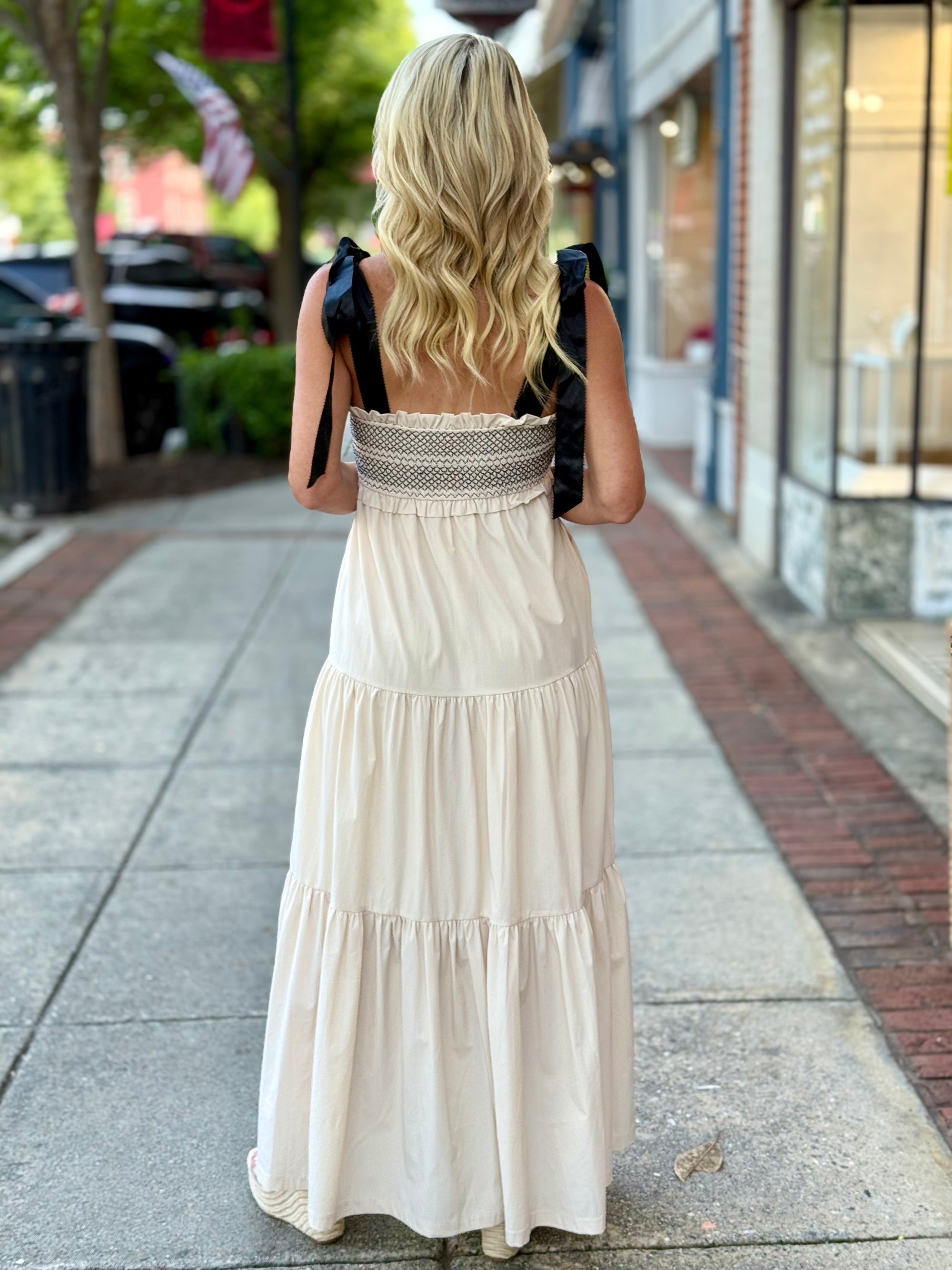 Tiered Ribbon Tie Maxi Dress