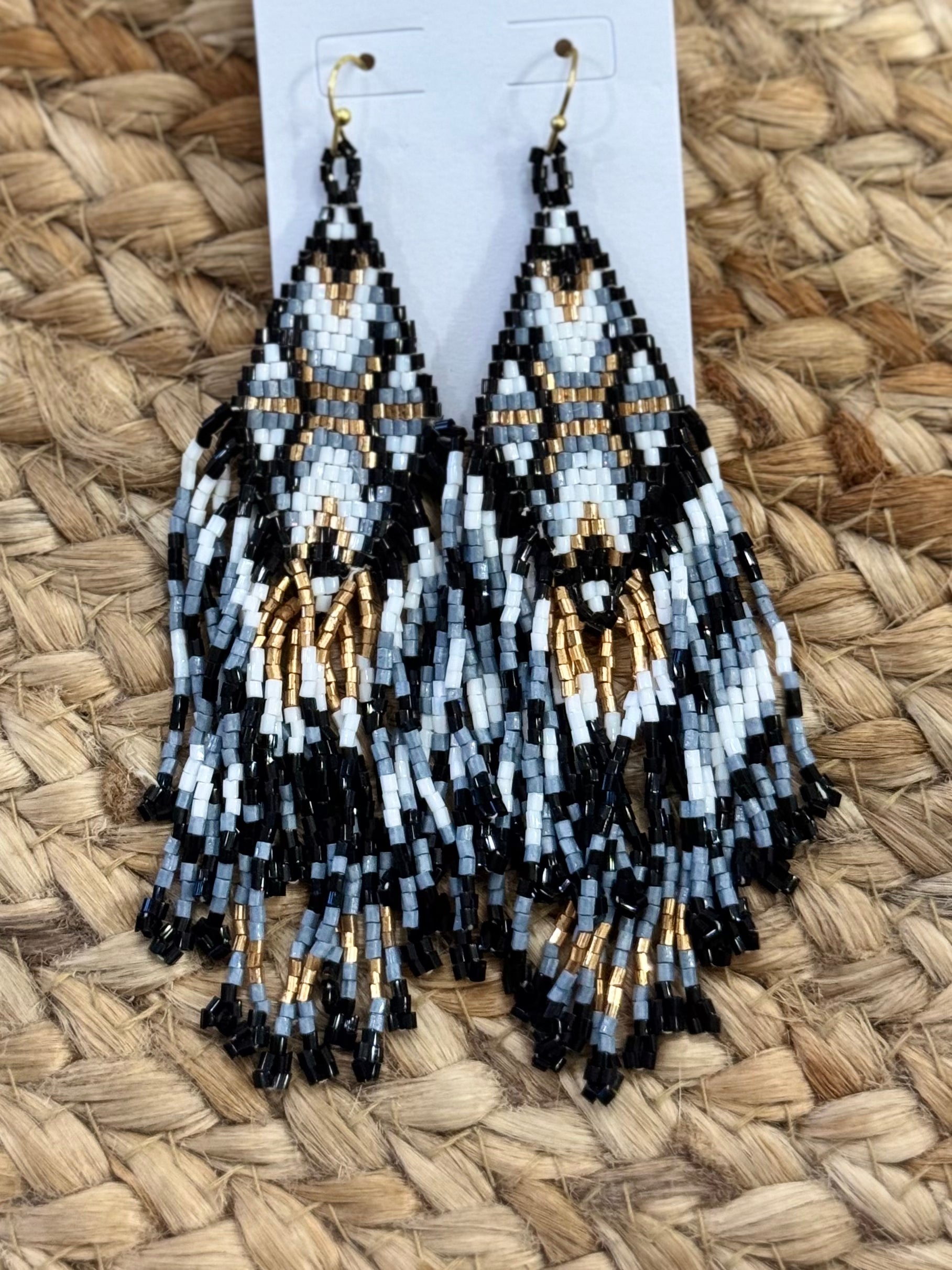 Printed Seed Bead Tassel Earrings in Black