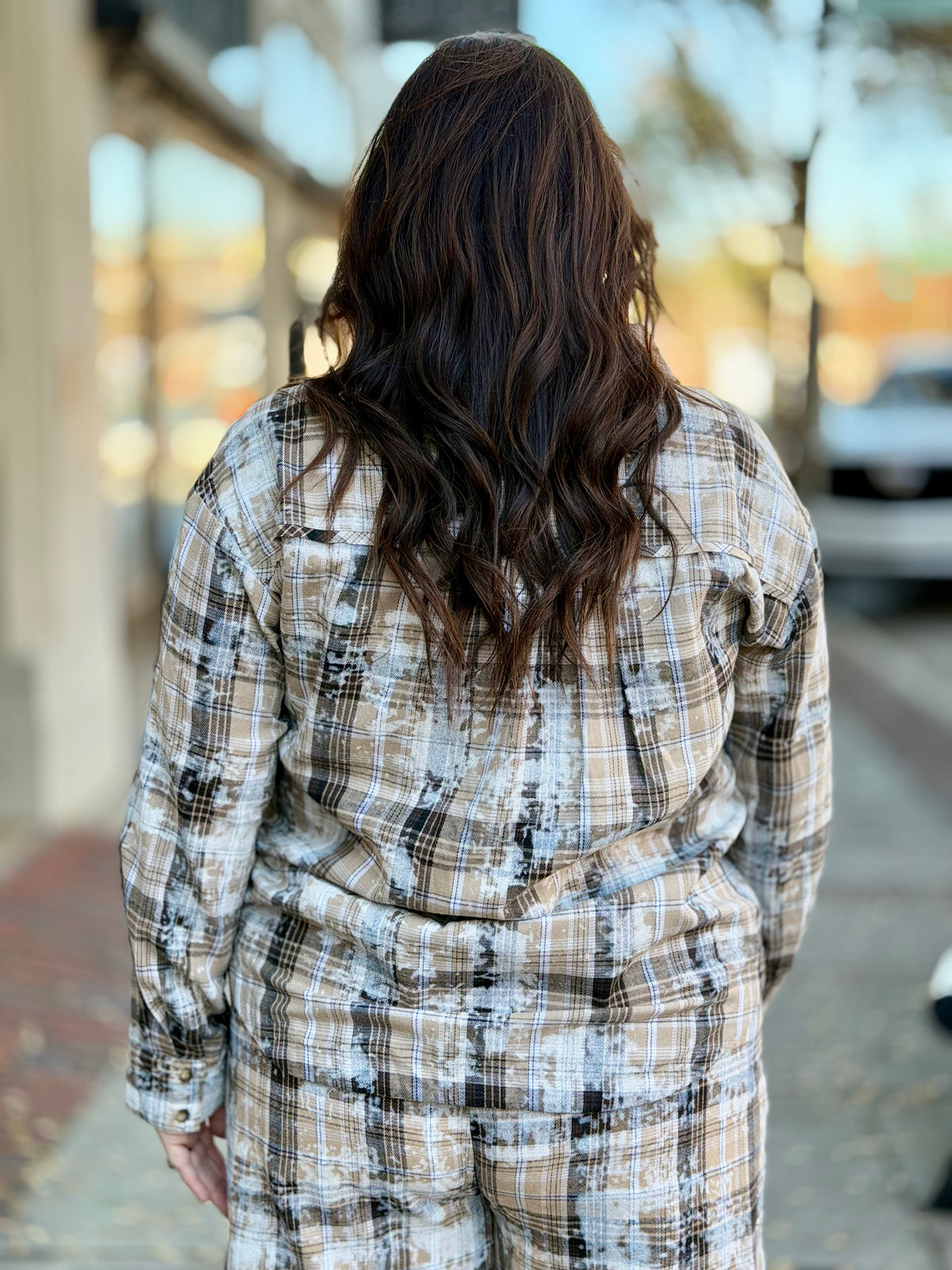 Plaid Bleach Splattered Button Up Top