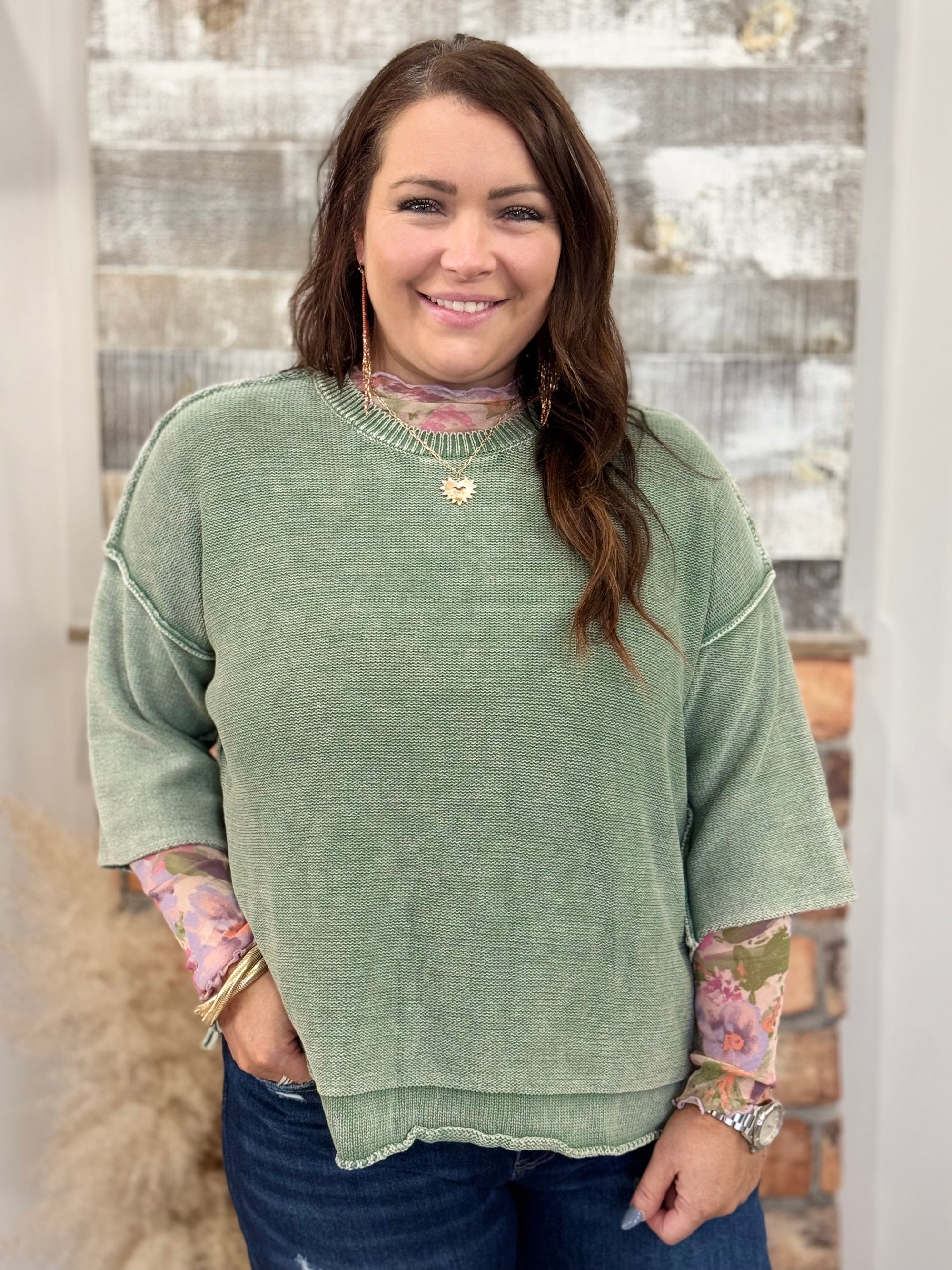 Mineral Washed Knit Sweater in Sage