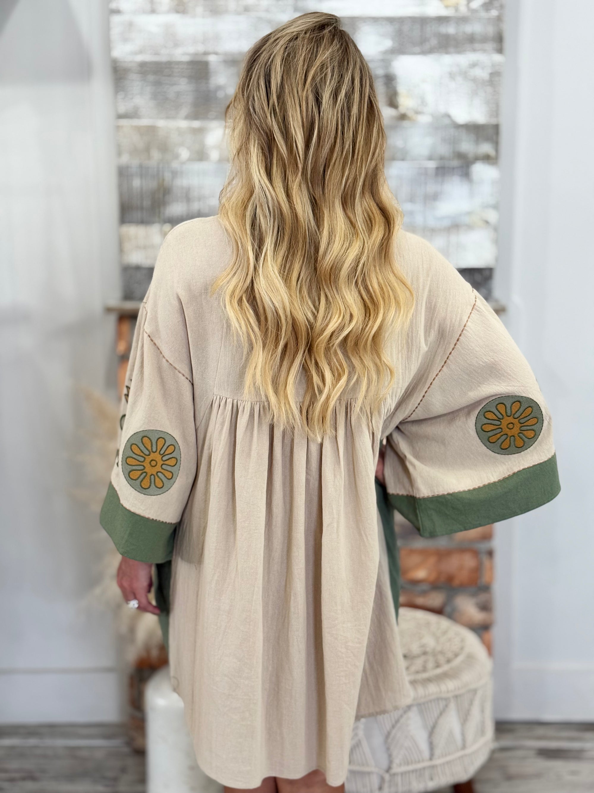 Boho Embroidered Wide Sleeve Dress in Sage