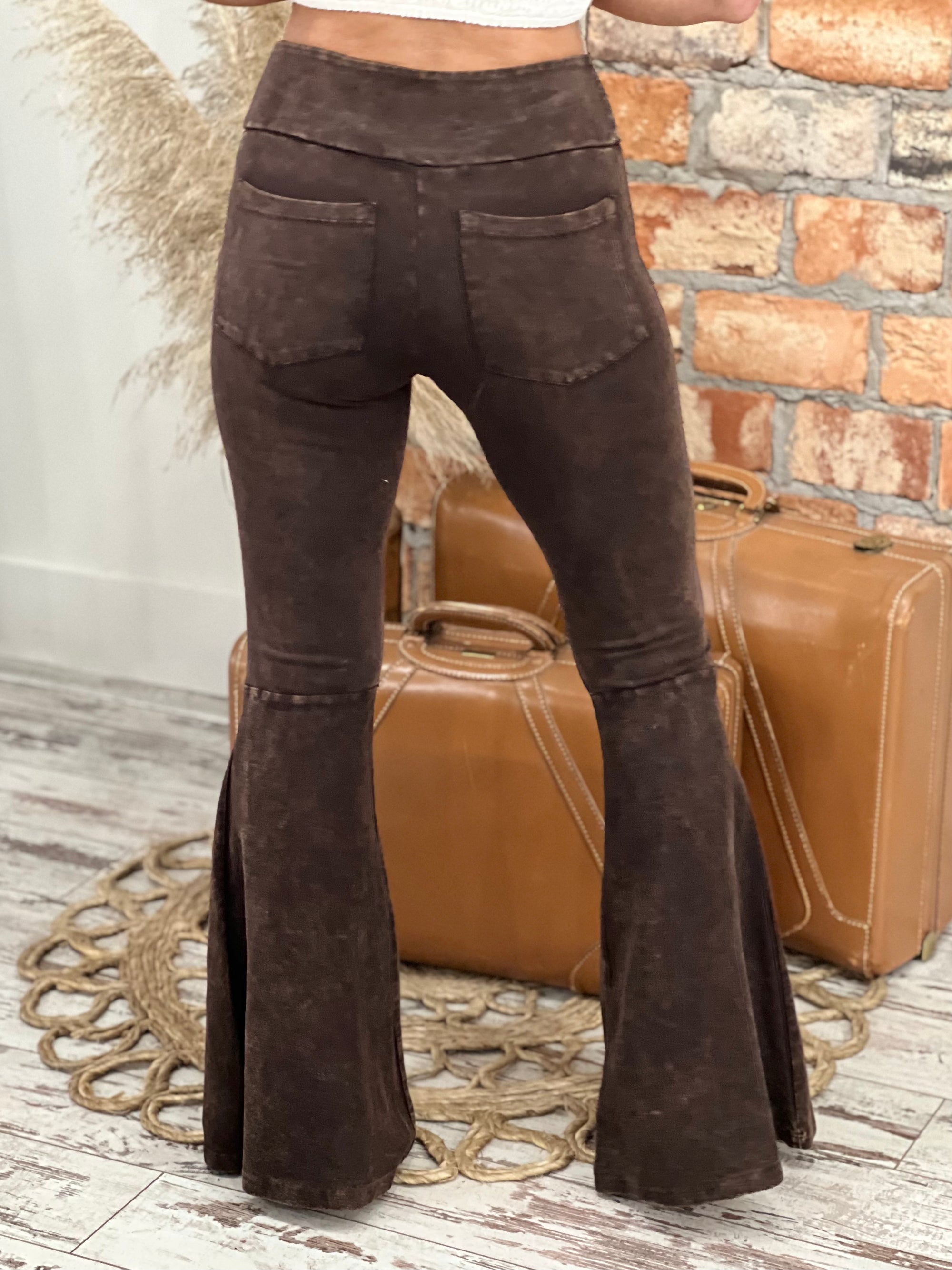 Mineral Wash Bell Bottom Pants in Brown - The Rustic Rack Boutique