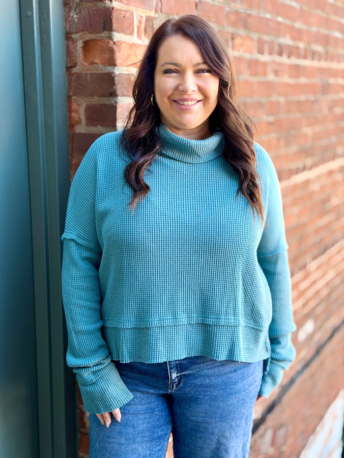 Waffle Knit Cowl Neck Top | Teal