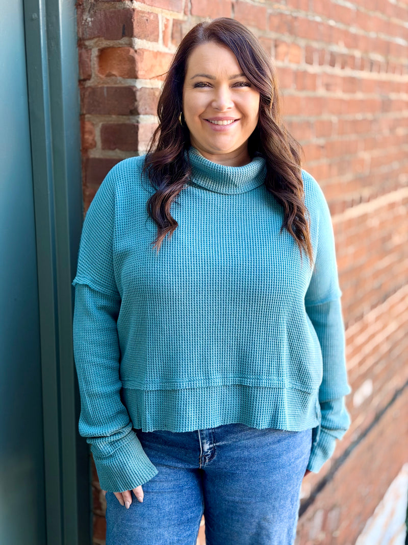 Waffle Knit Cowl Neck Top | Teal