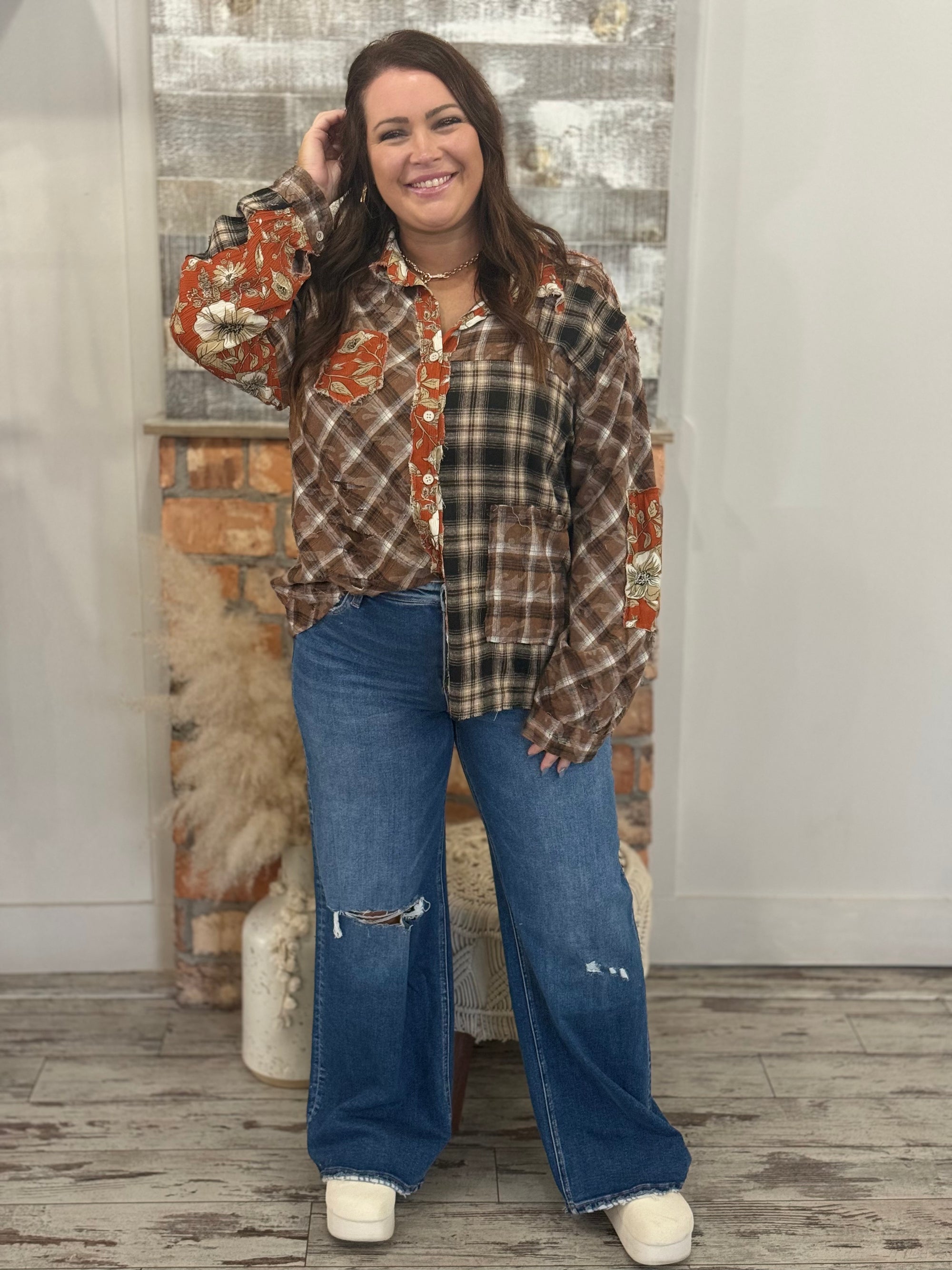 Vintage Plaid + Floral Colorblock Button Up Top