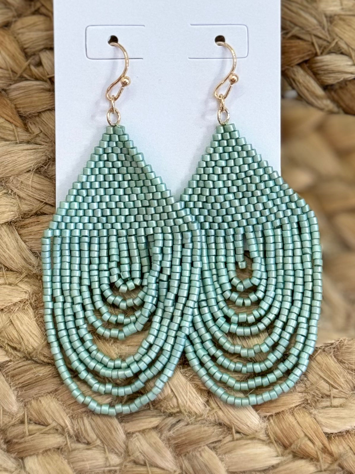 Rounded Seed Bead Tassel Earrings in Sage