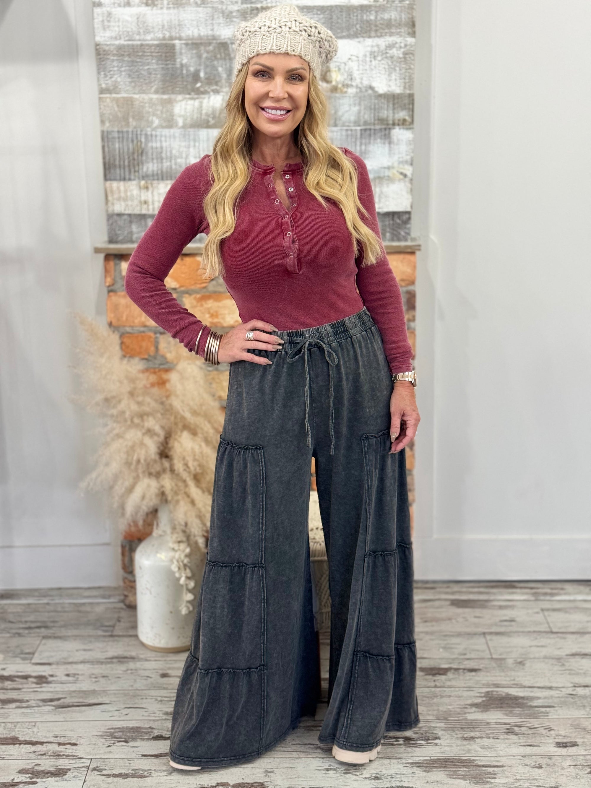 Washed Tiered Wide Leg Pants in Black