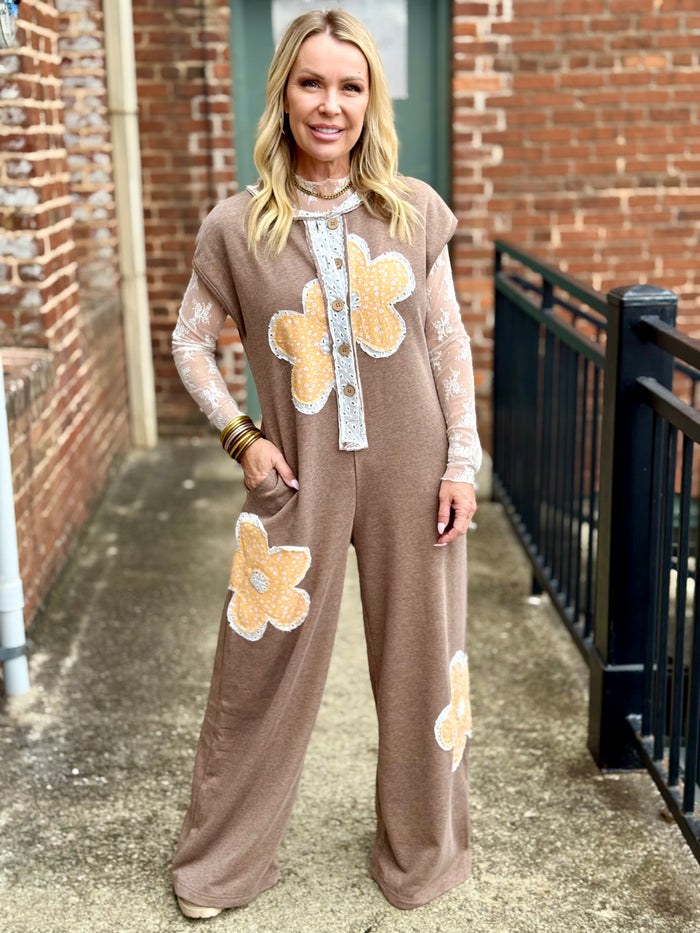 Eyelet Floral Patch Wide Leg Jumpsuit