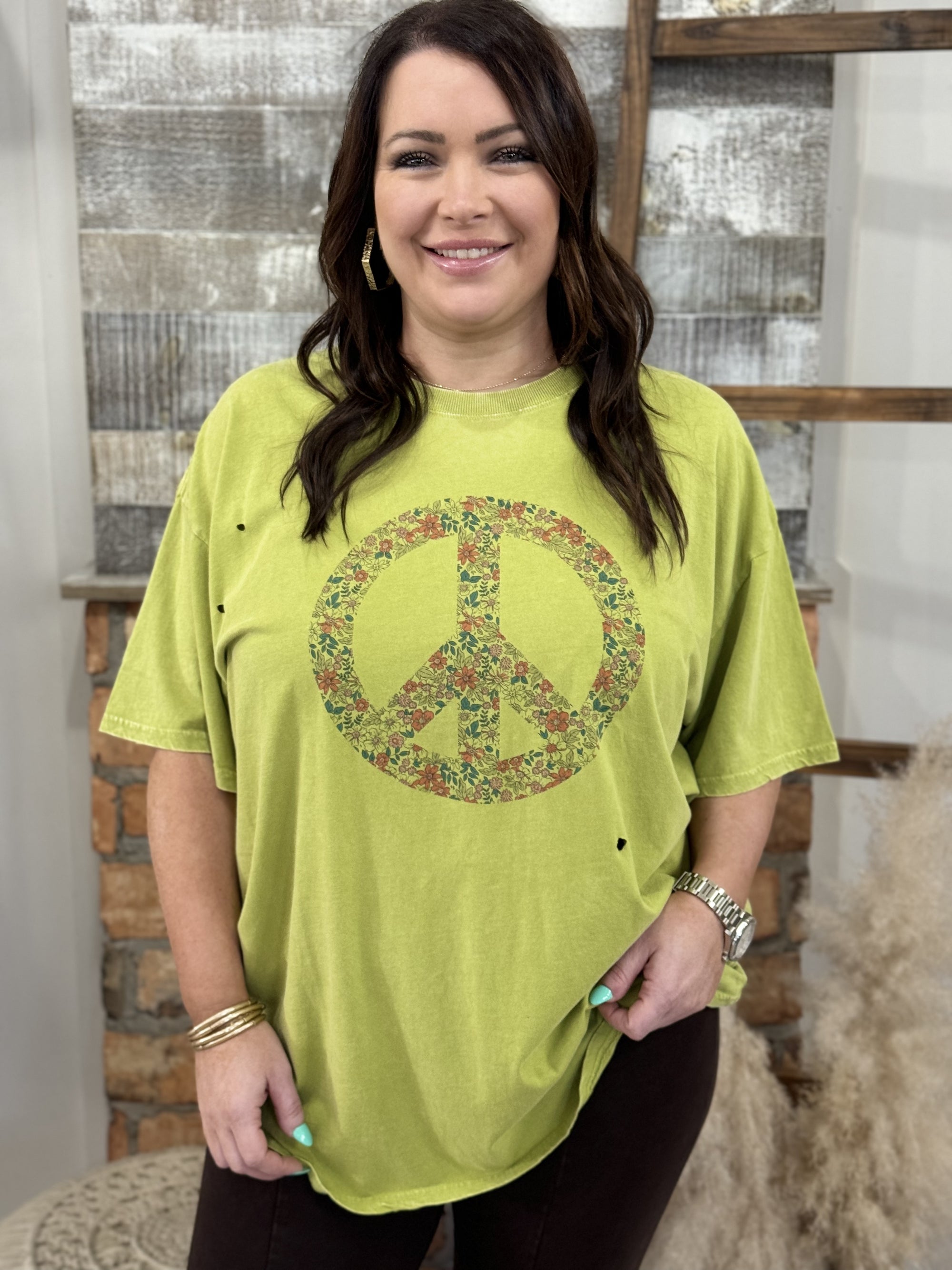 Oversized Distressed Peace Sign Top