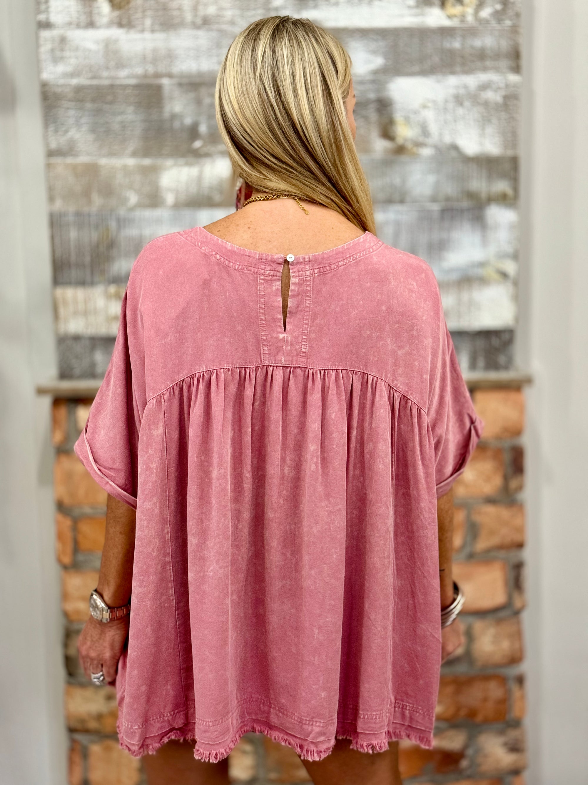 Oversized Washed Raw Edge Pocket Top in Mauve