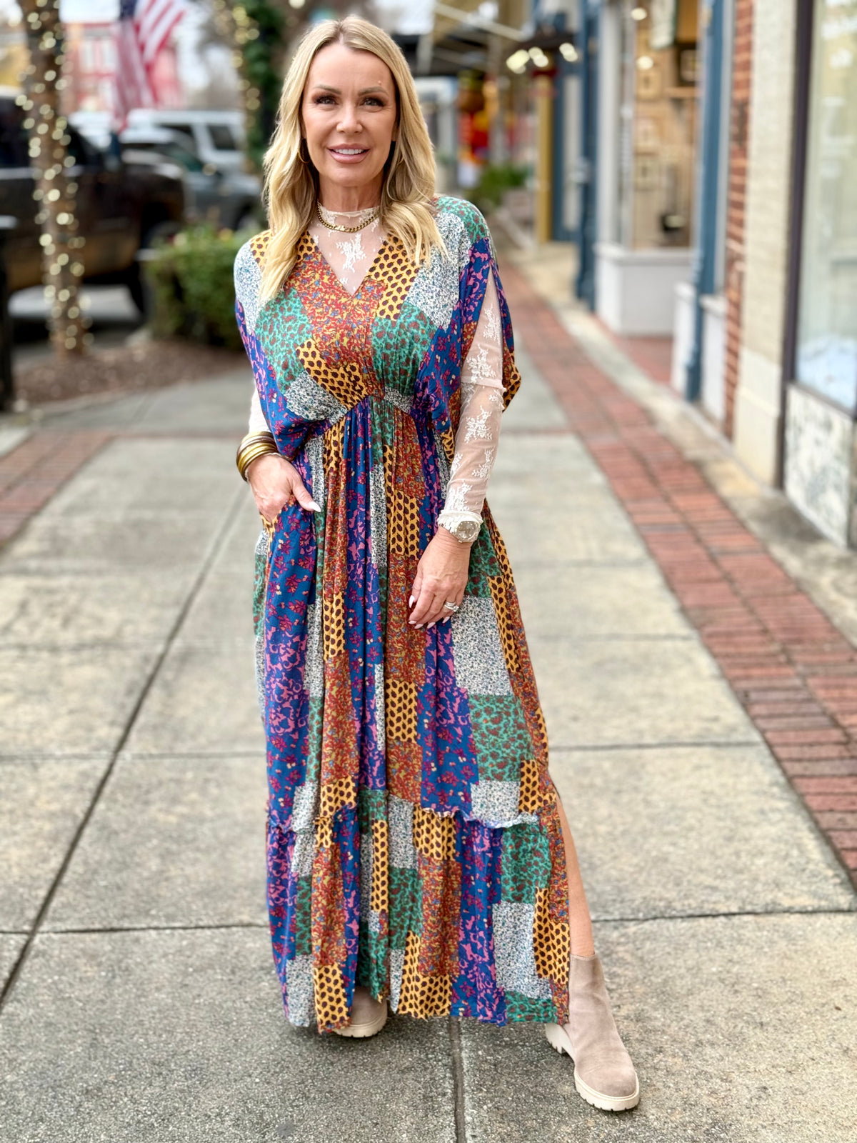 Mixed Print Colorblock Maxi Dress