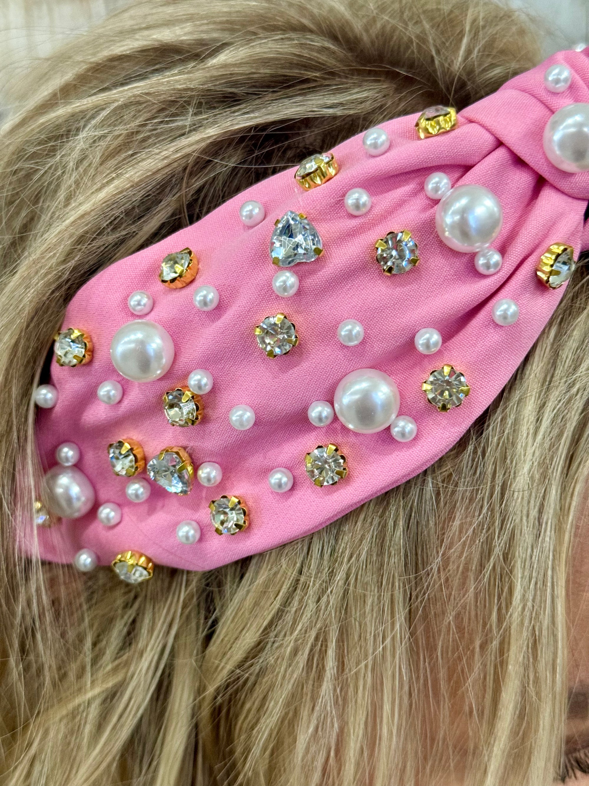 Pearl + Crystal Studded Headband in Pink