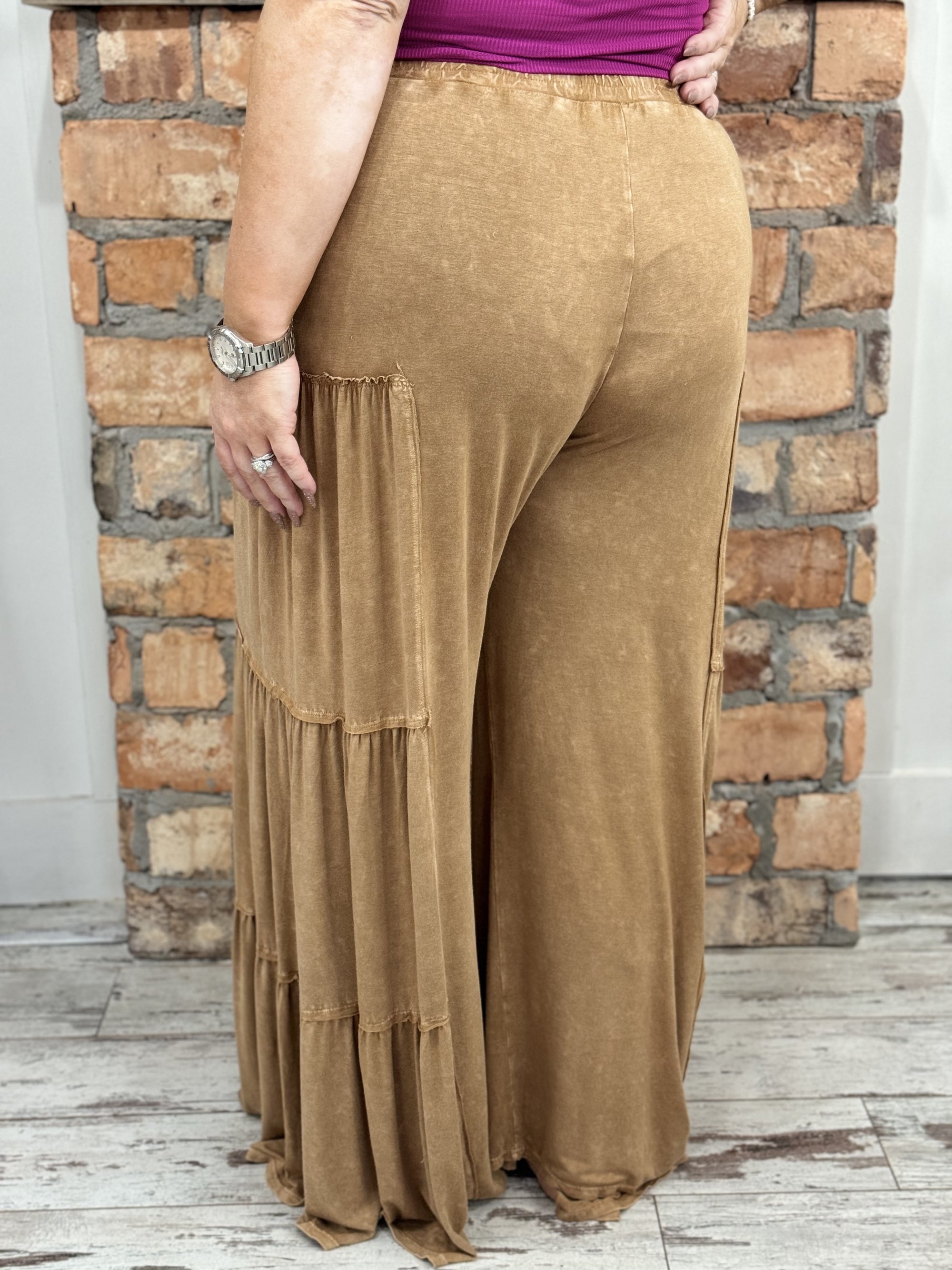 Tiered Washed Wide Leg Pants in Mocha