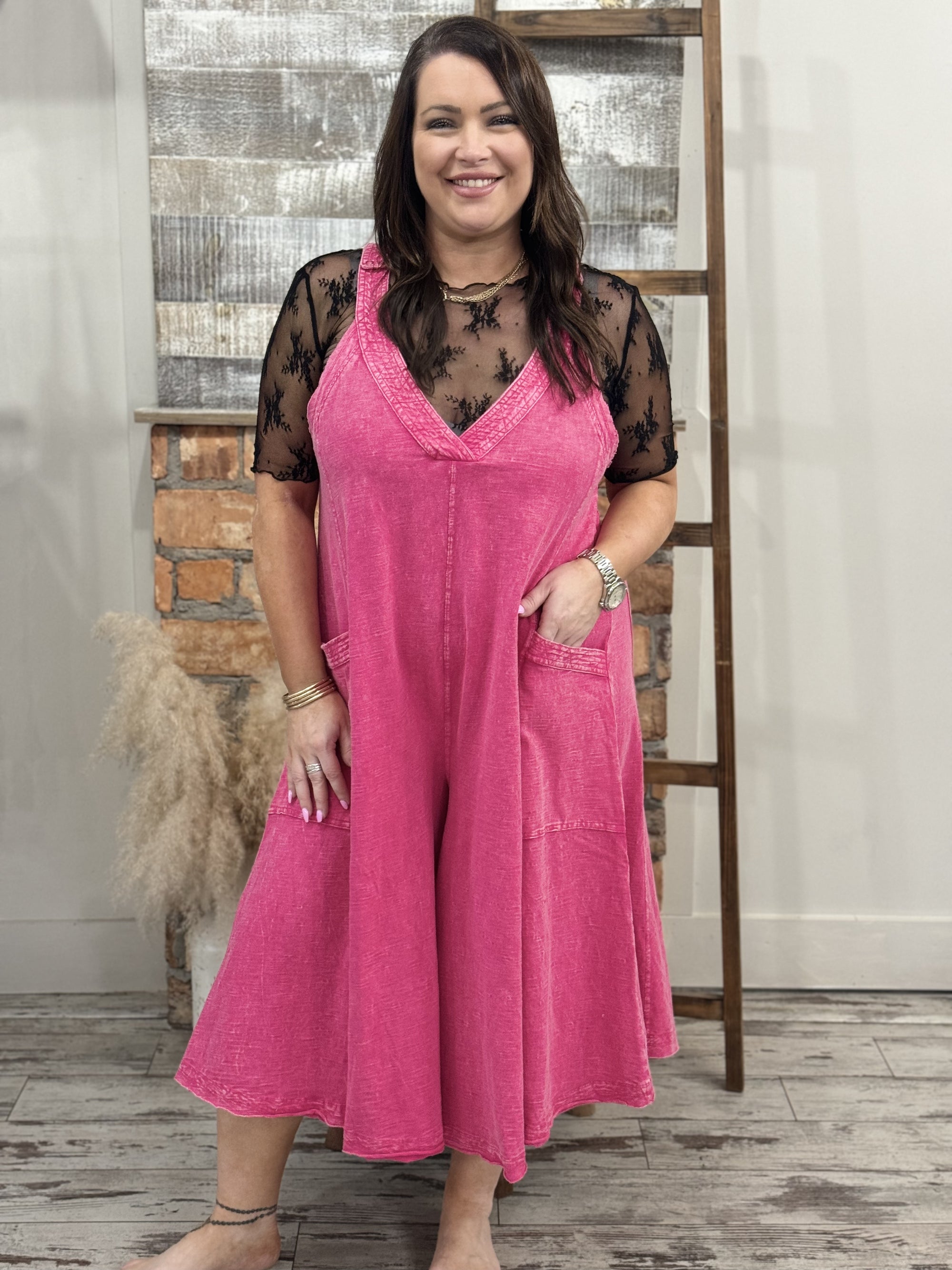 Washed Wide Leg Jumpsuit in Hot Pink