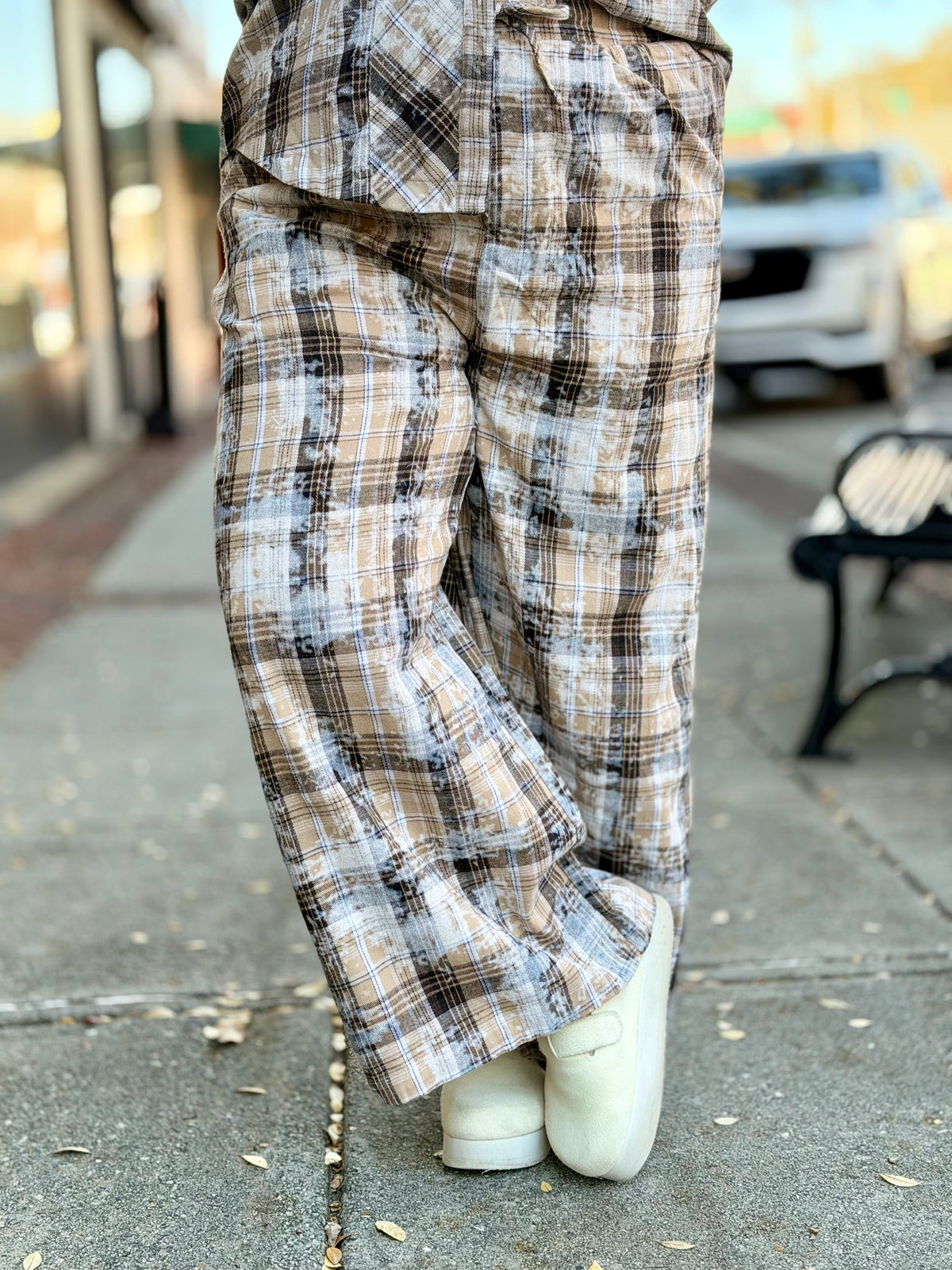 Plaid Bleach Splattered Wide Leg Pants
