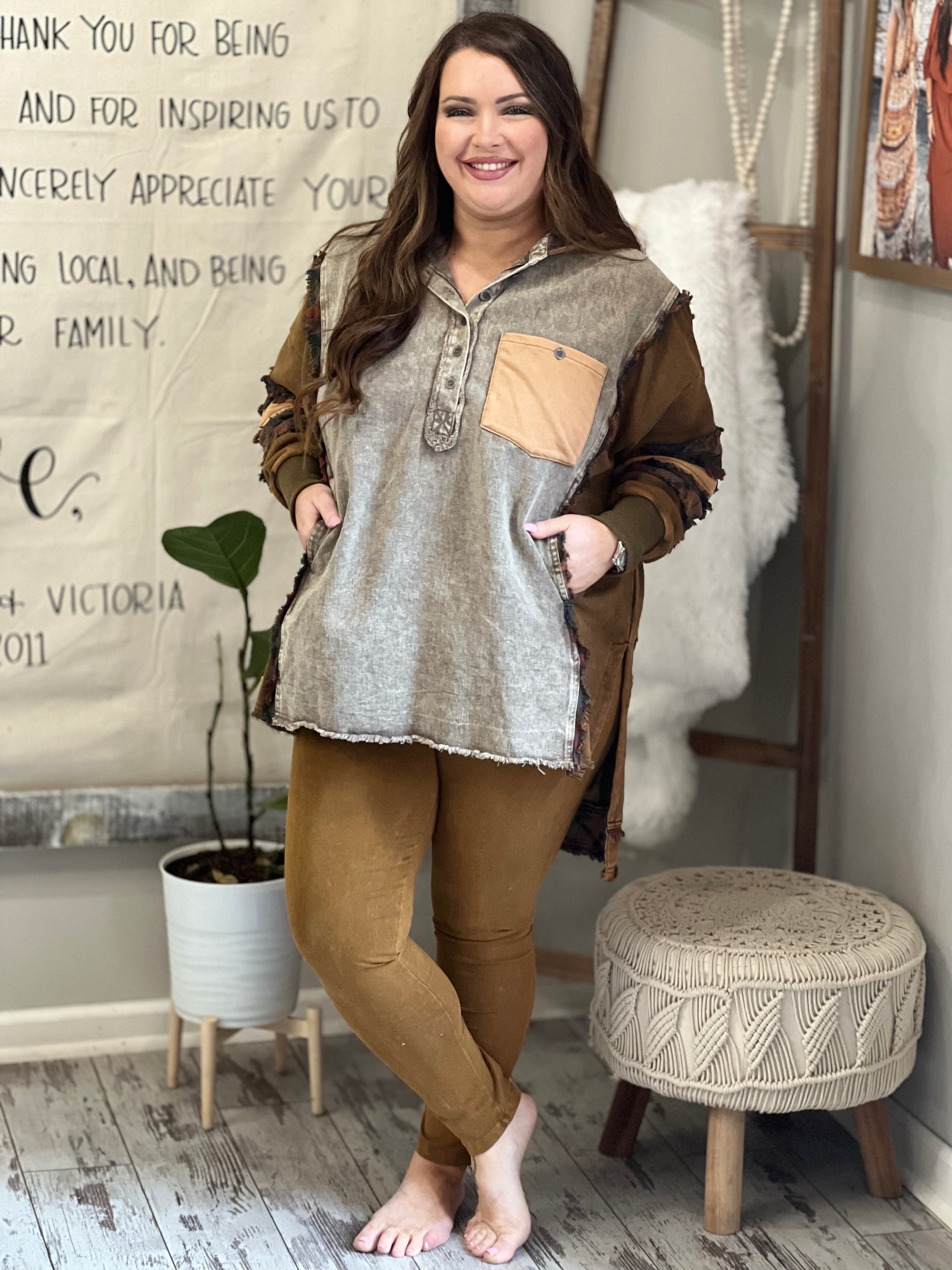 Washed Mixed Fabric Hooded Tunic Top
