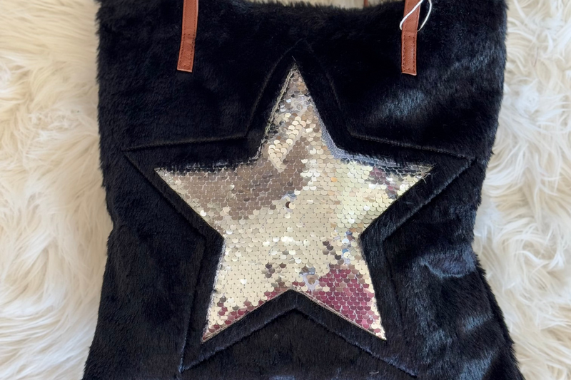 Sequin Star Fuzzy Tote Bag | Black