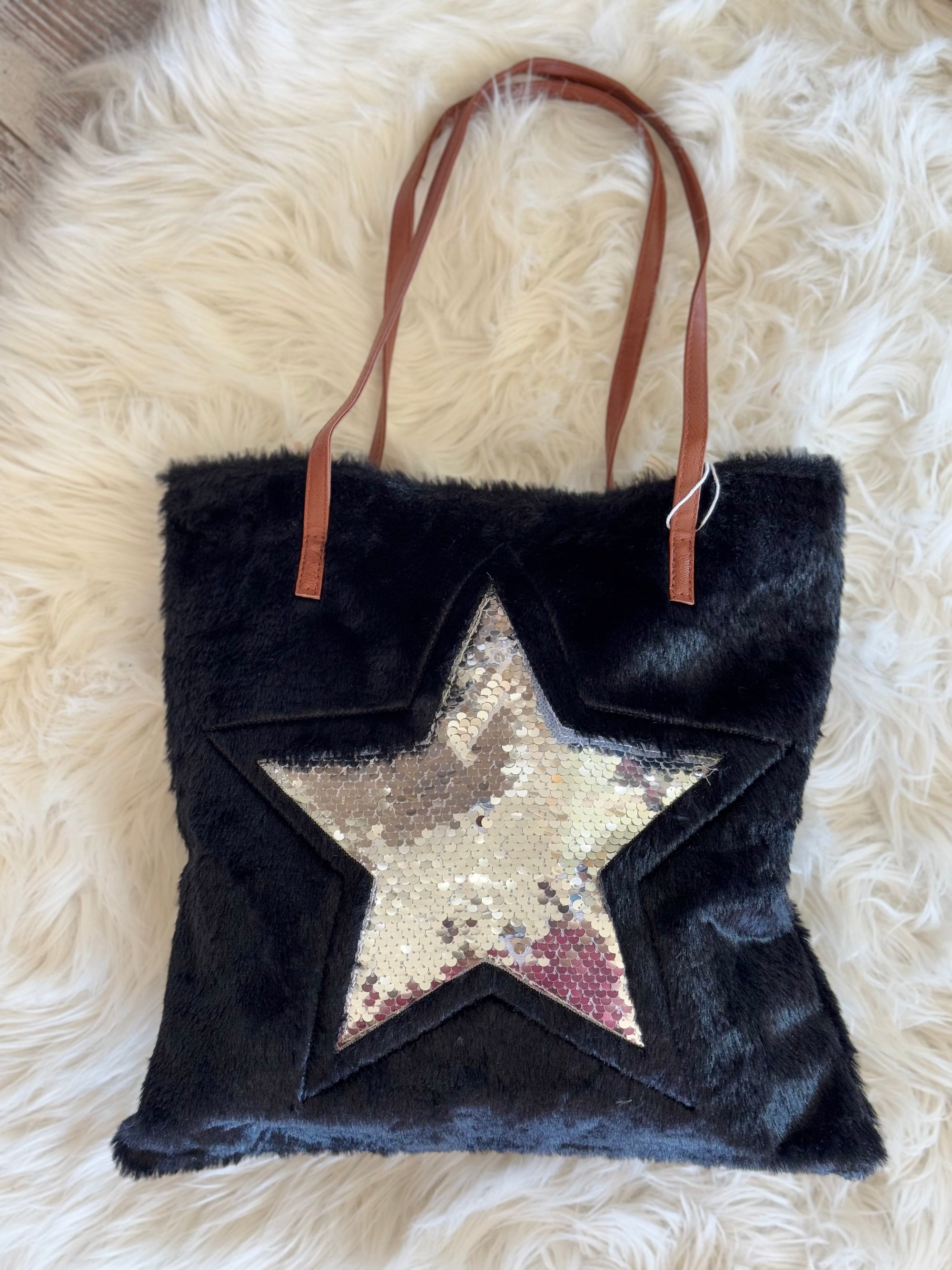 Sequin Star Fuzzy Tote Bag | Black