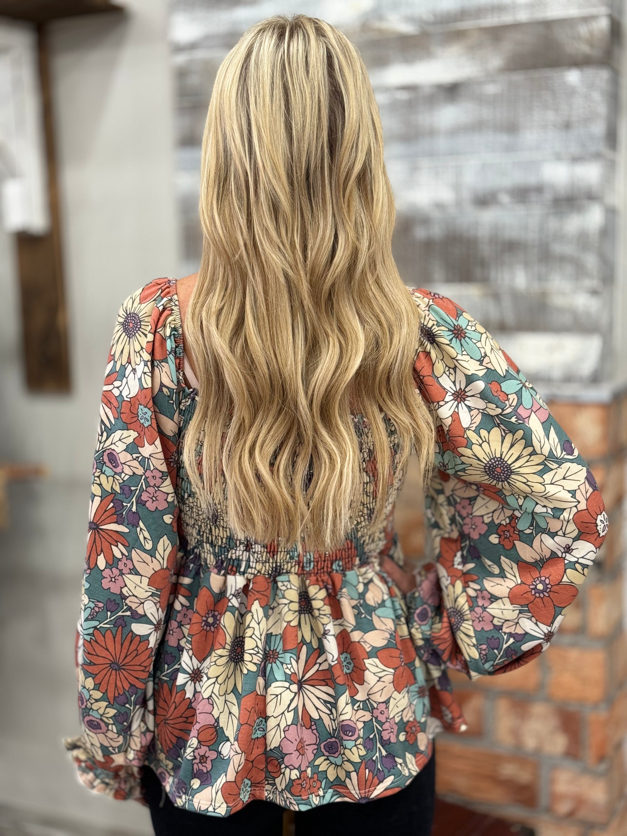 Smocked Floral Balloon Sleeve Babydoll Top